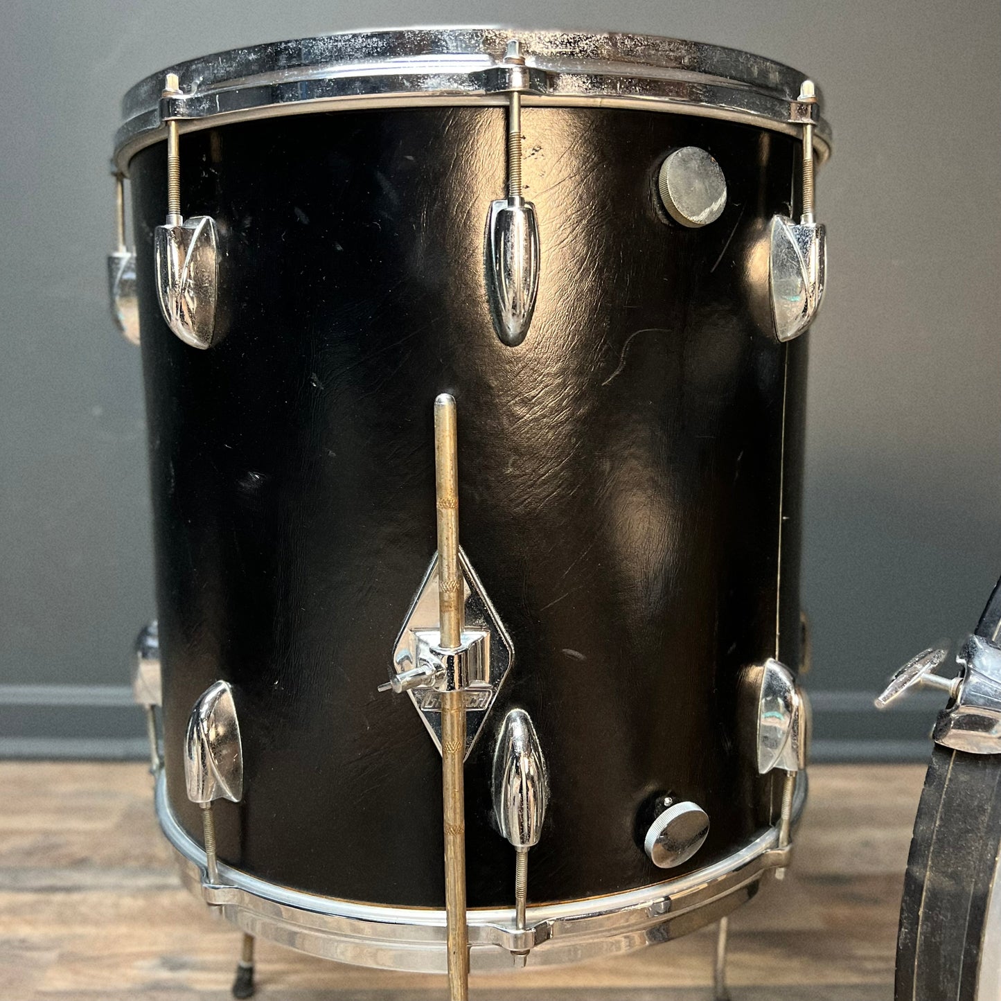 VINTAGE 1960's Gretsch Round Badge Rewrap in Faux Black Leather - 14x20, 8x12, 16x16