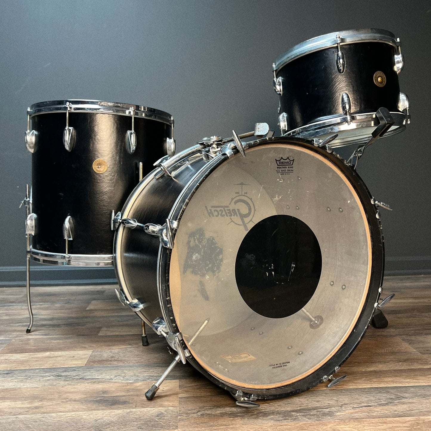 VINTAGE 1960's Gretsch Round Badge Rewrap in Faux Black Leather - 14x20, 8x12, 16x16