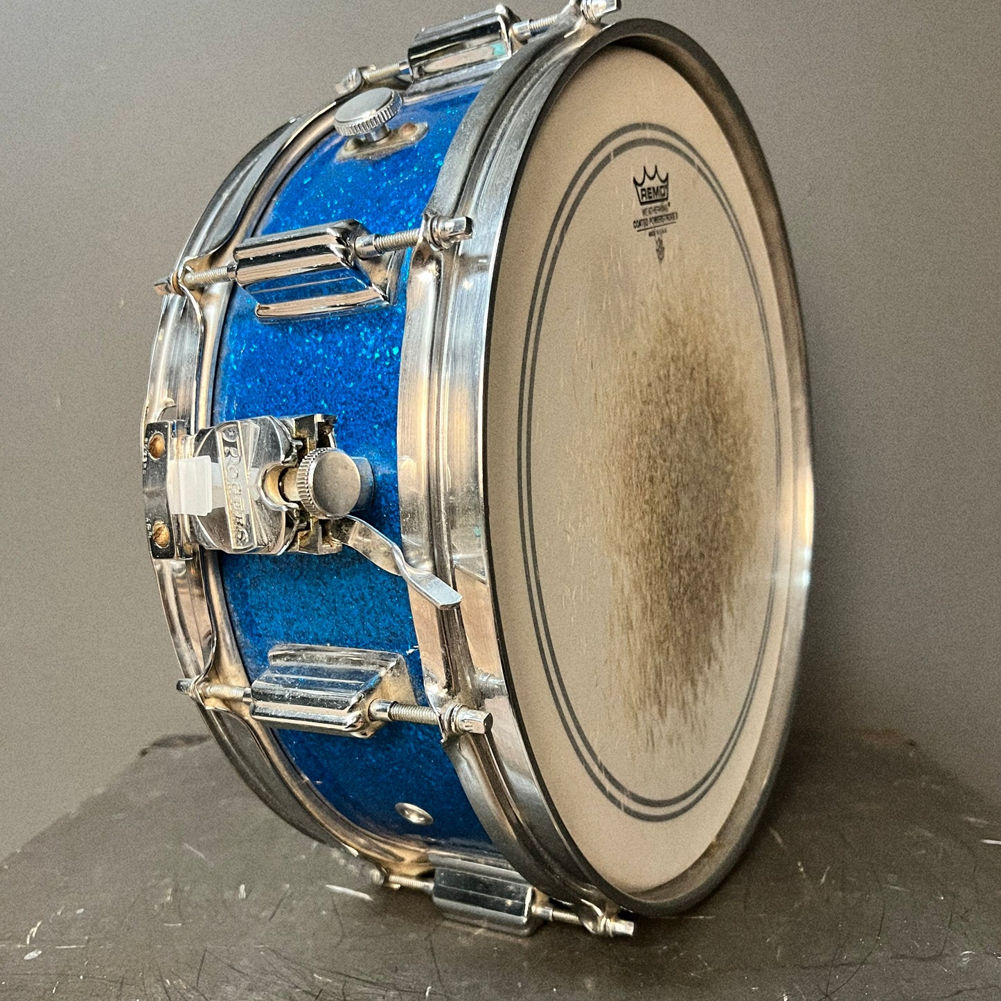VINTAGE 1960's Rogers 5x14 Powertone Snare Drum in Blue Sparkle