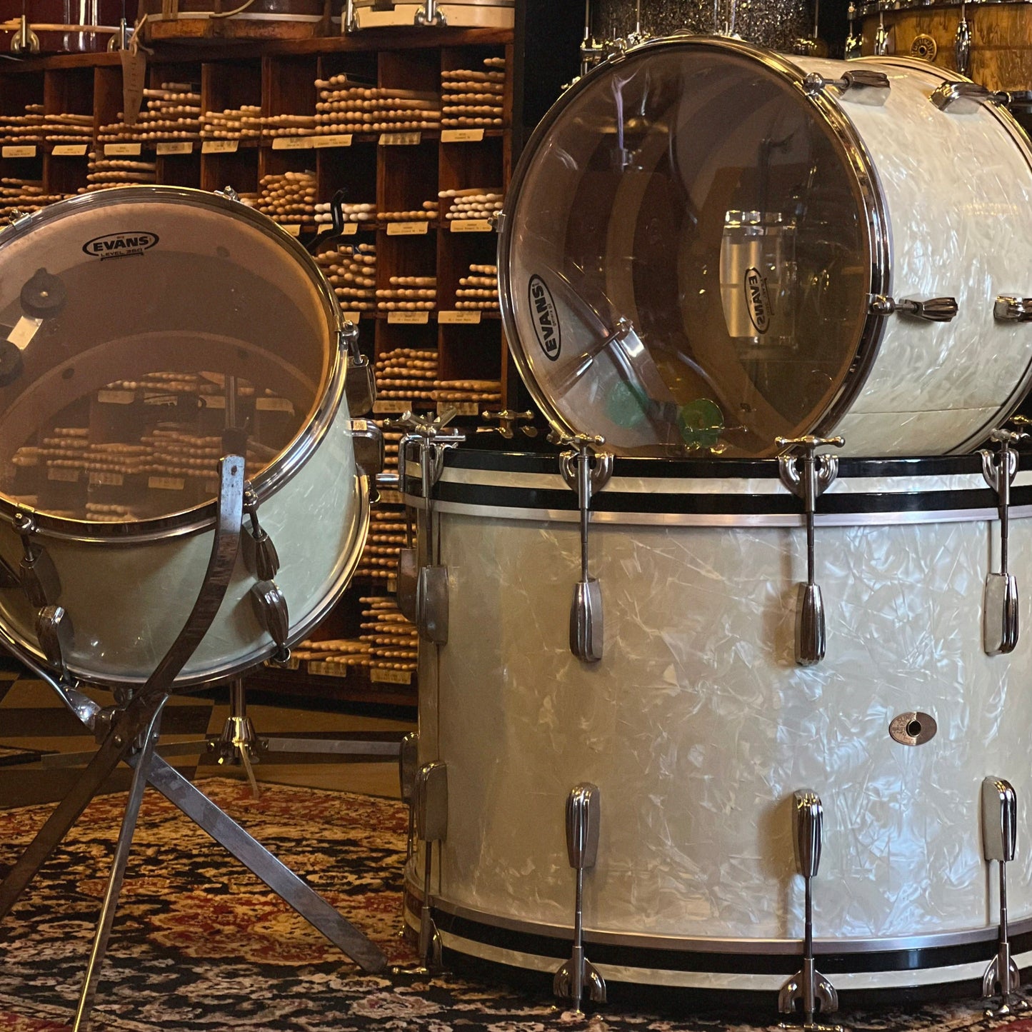 VINTAGE 1940's Slingerland Radio King Drum Set in White Marine Pearl - 14x22, 9x13, 12x14
