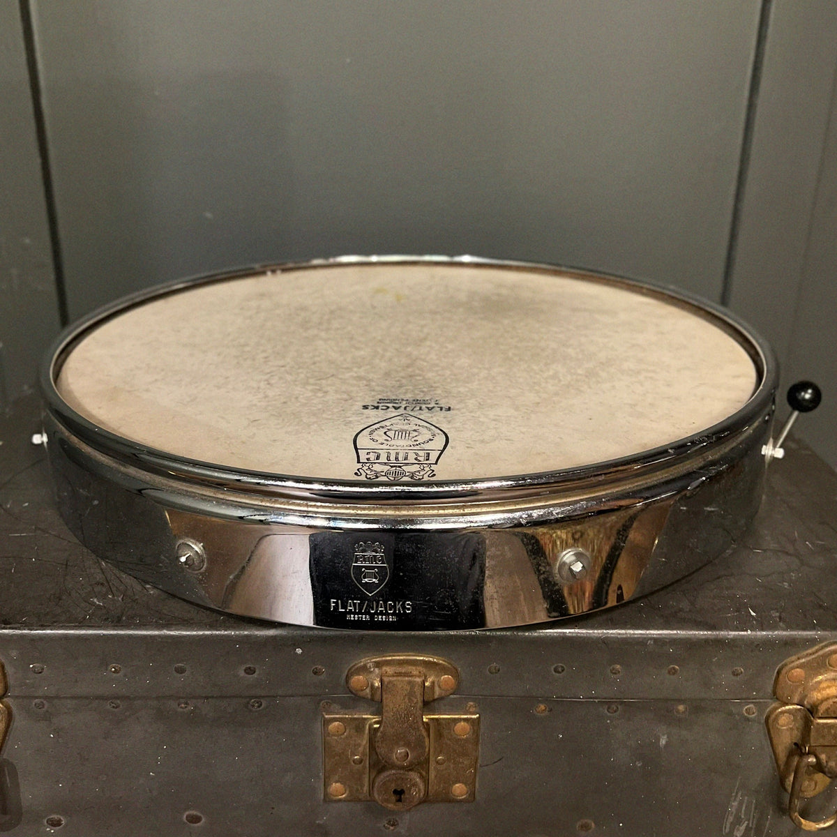 VINTAGE 1960's Ralph Kester Flat Jacks 16" Snare Drum Badges Drum Shop