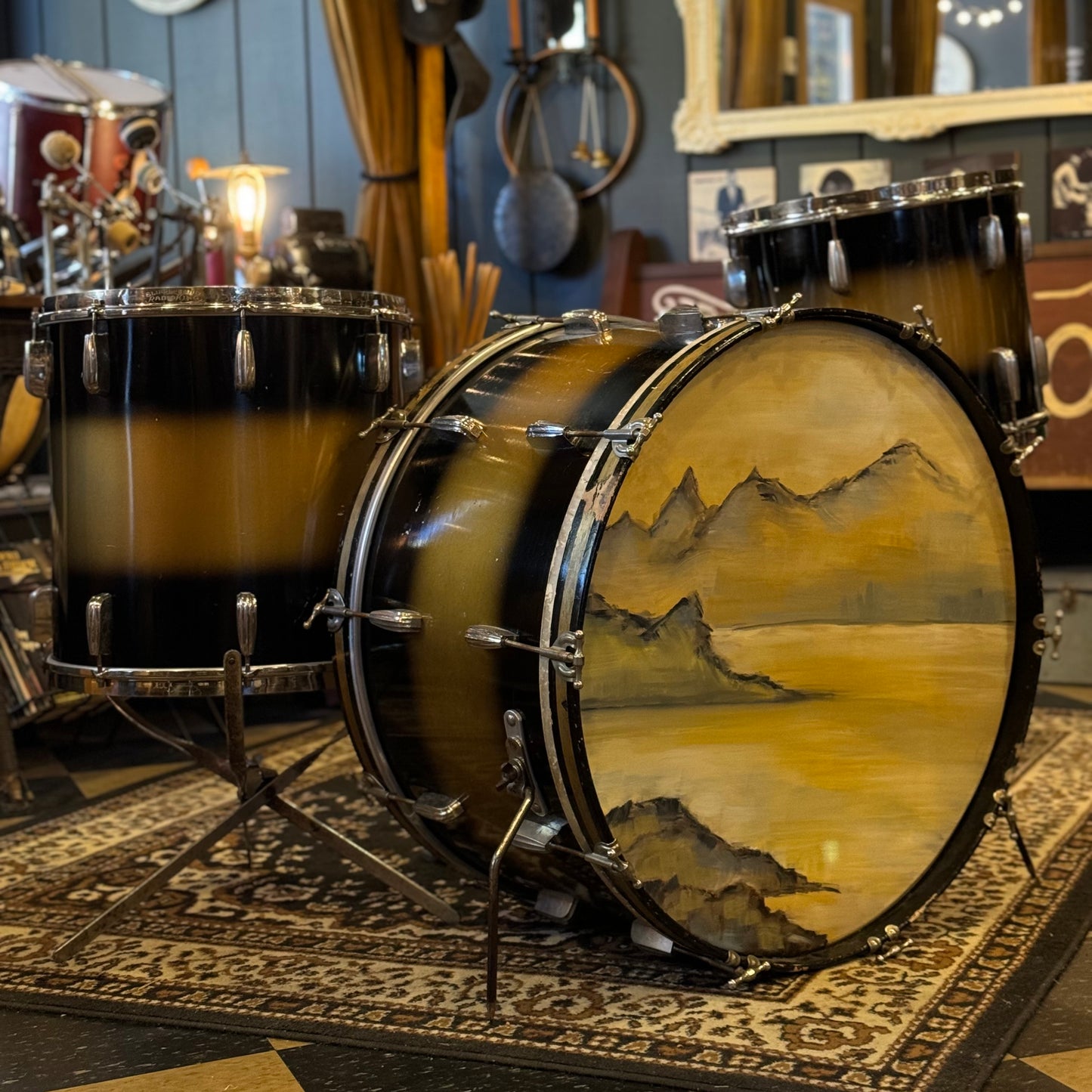 BALANCE DUE:1948 Slingerland Radio King In Black & Gold Duco 14x26, 12x14, 16x16 w/ Cradle