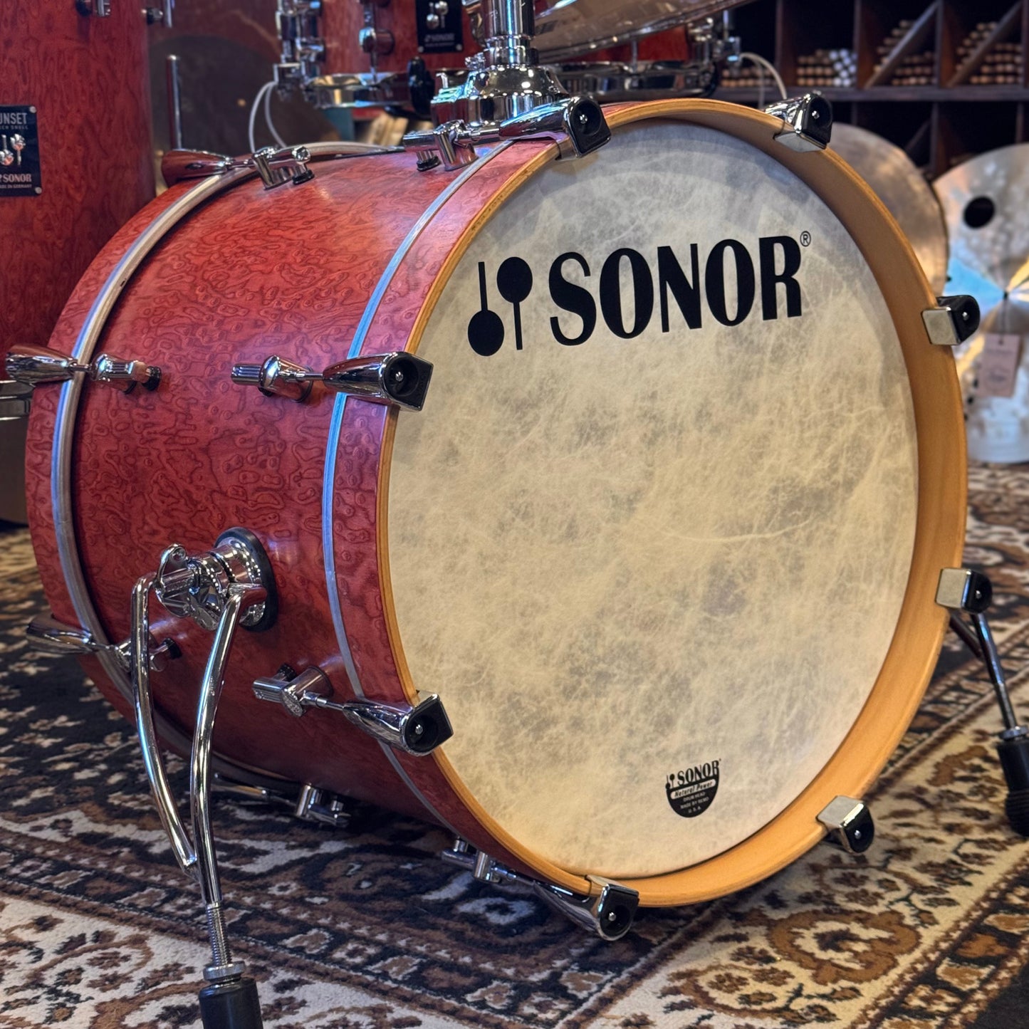 USED Sonor Sunset Beech Limited Edition Drum Set in Transparent Red Birdseye Maple Veneer - 14x18, 8x12, 14x14