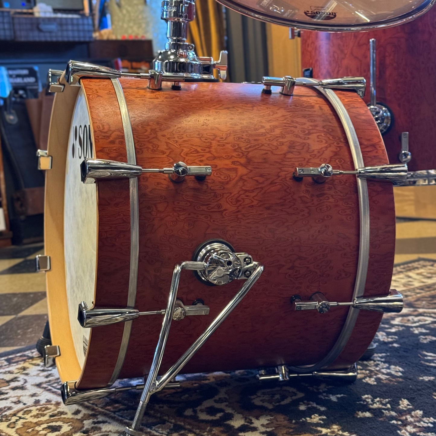 USED Sonor Sunset Beech Limited Edition Drum Set in Transparent Red Birdseye Maple Veneer - 14x18, 8x12, 14x14