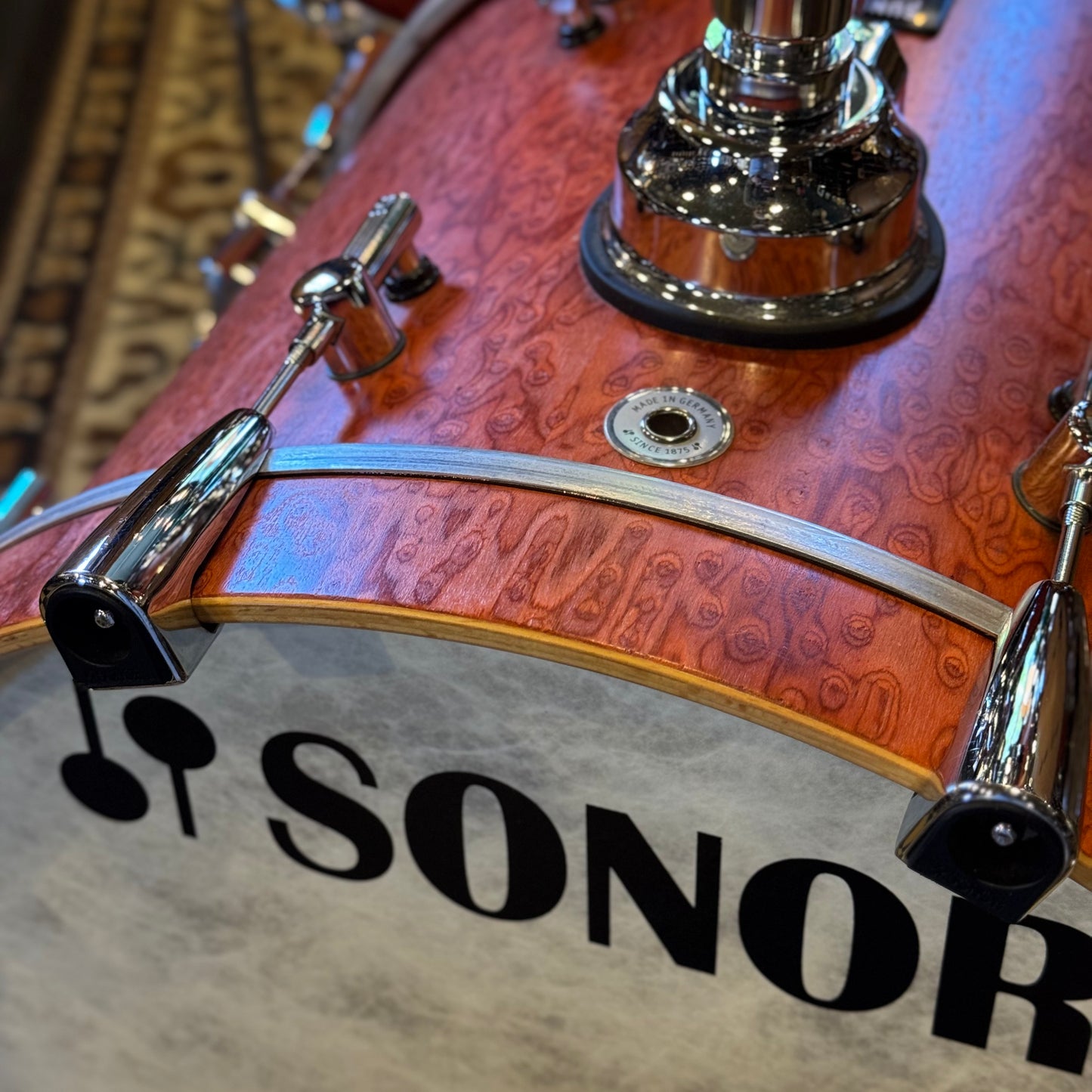 USED Sonor Sunset Beech Limited Edition Drum Set in Transparent Red Birdseye Maple Veneer - 14x18, 8x12, 14x14