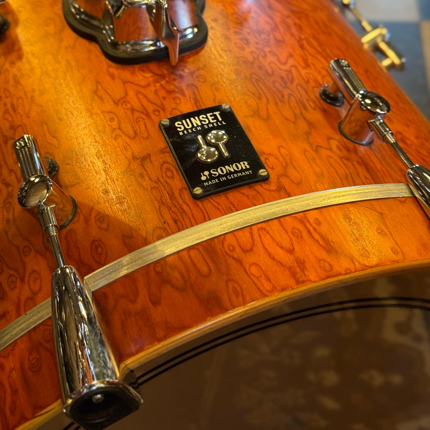 USED Sonor Sunset Beech Limited Edition Drum Set in Transparent Red Birdseye Maple Veneer - 14x18, 8x12, 14x14