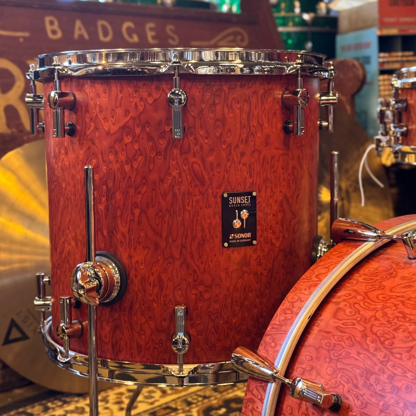 USED Sonor Sunset Beech Limited Edition Drum Set in Transparent Red Birdseye Maple Veneer - 14x18, 8x12, 14x14
