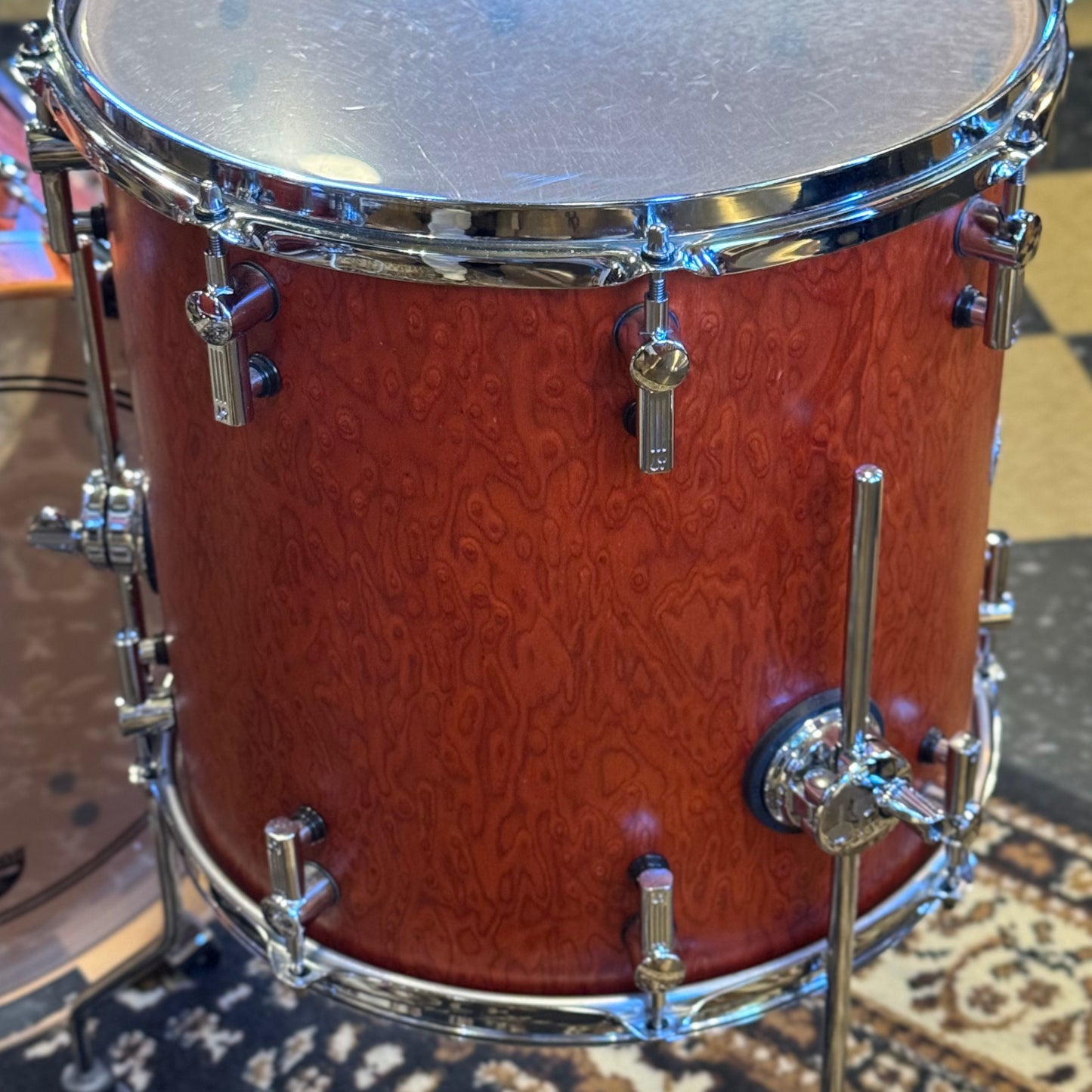 USED Sonor Sunset Beech Limited Edition Drum Set in Transparent Red Birdseye Maple Veneer - 14x18, 8x12, 14x14