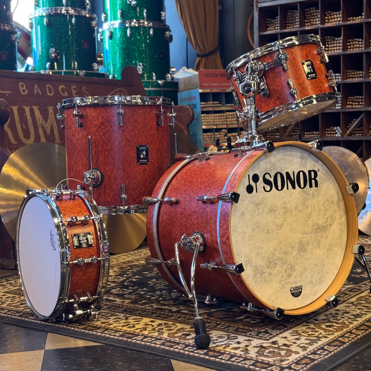 USED Sonor Sunset Beech Limited Edition Drum Set in Transparent Red Birdseye Maple Veneer - 14x18, 8x12, 14x14
