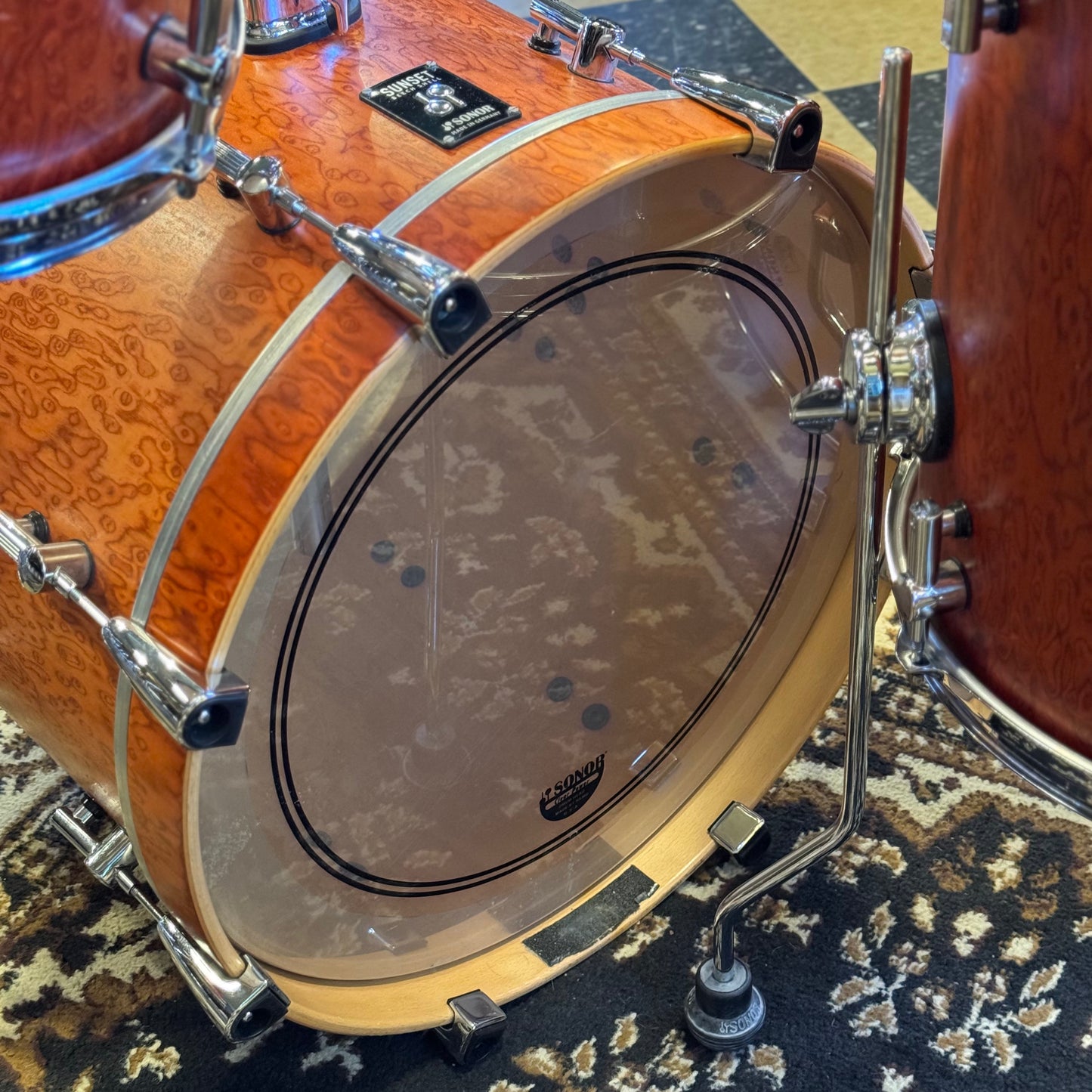 USED Sonor Sunset Beech Limited Edition Drum Set in Transparent Red Birdseye Maple Veneer - 14x18, 8x12, 14x14