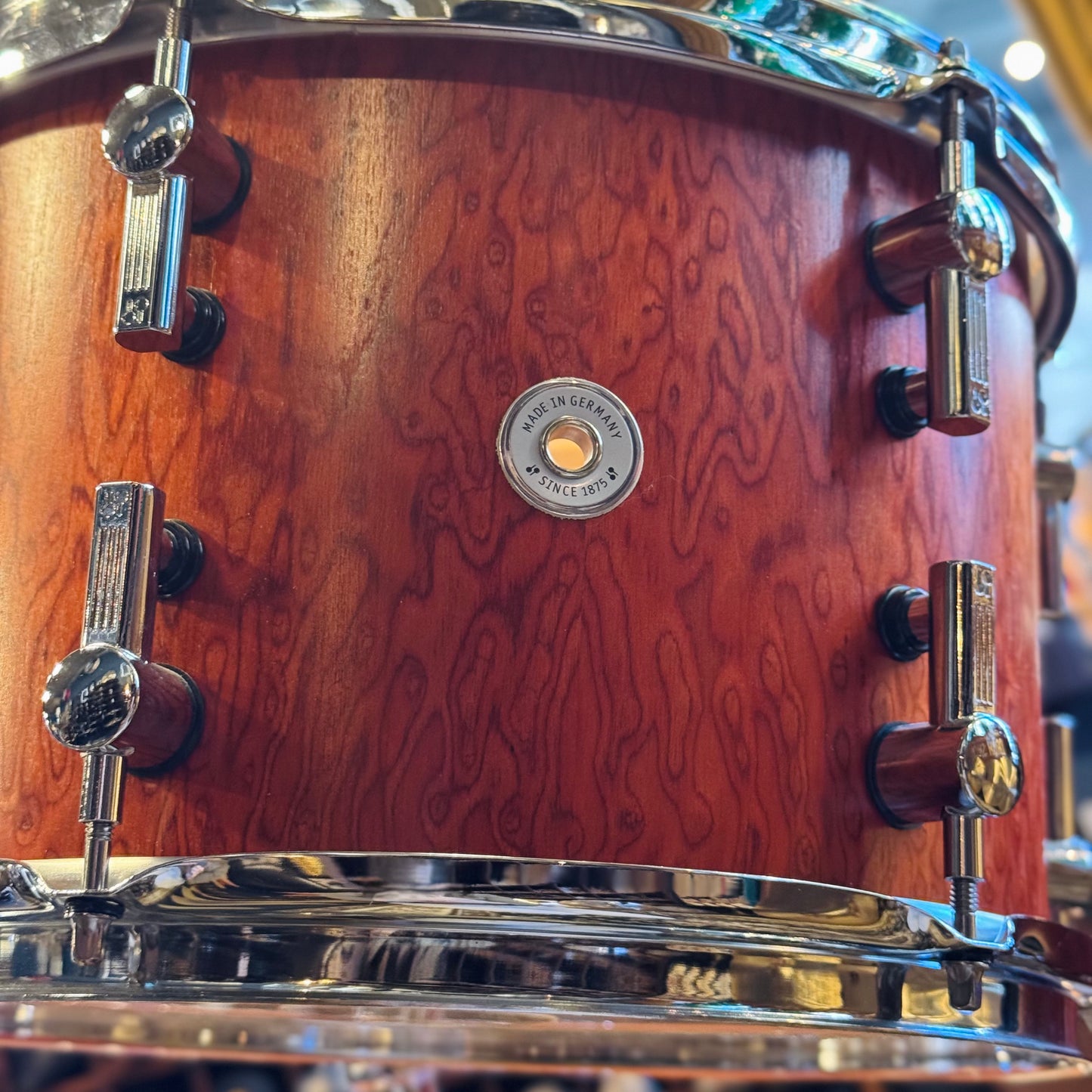 USED Sonor Sunset Beech Limited Edition Drum Set in Transparent Red Birdseye Maple Veneer - 14x18, 8x12, 14x14