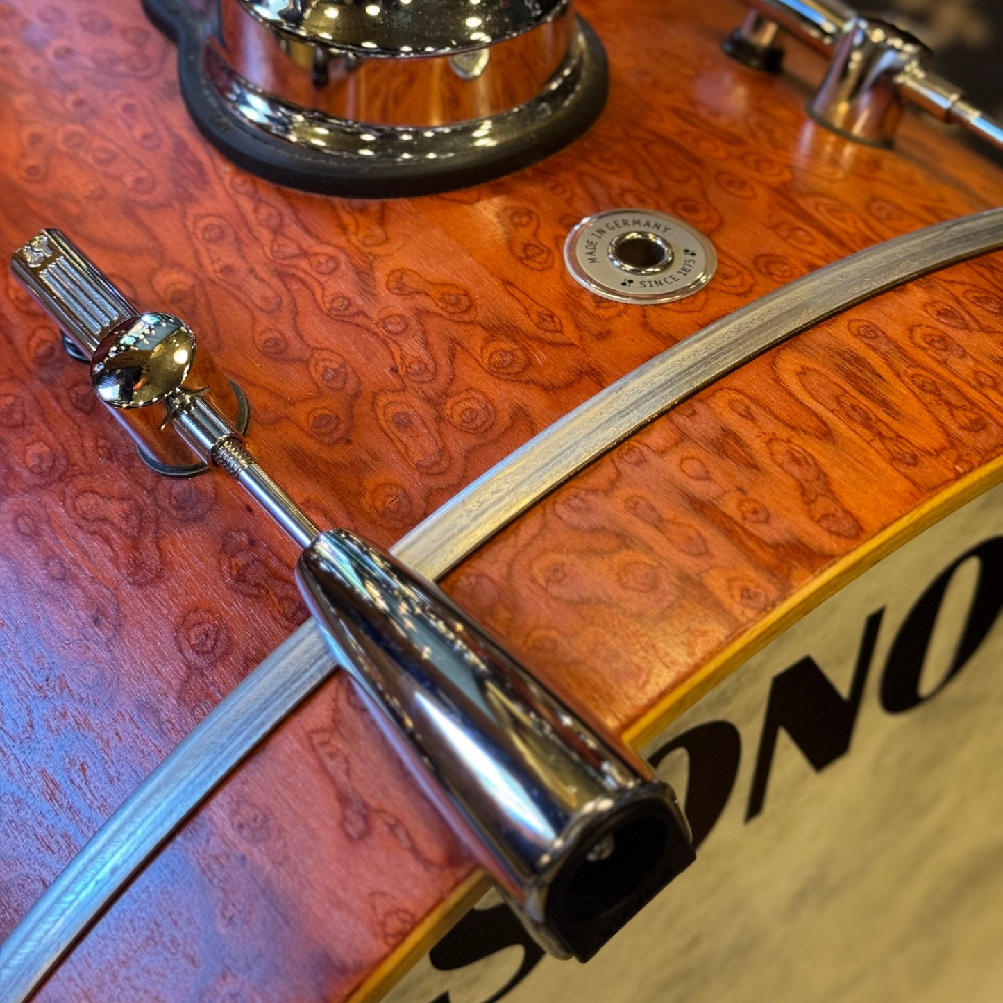 USED Sonor Sunset Beech Limited Edition Drum Set in Transparent Red Birdseye Maple Veneer - 14x18, 8x12, 14x14