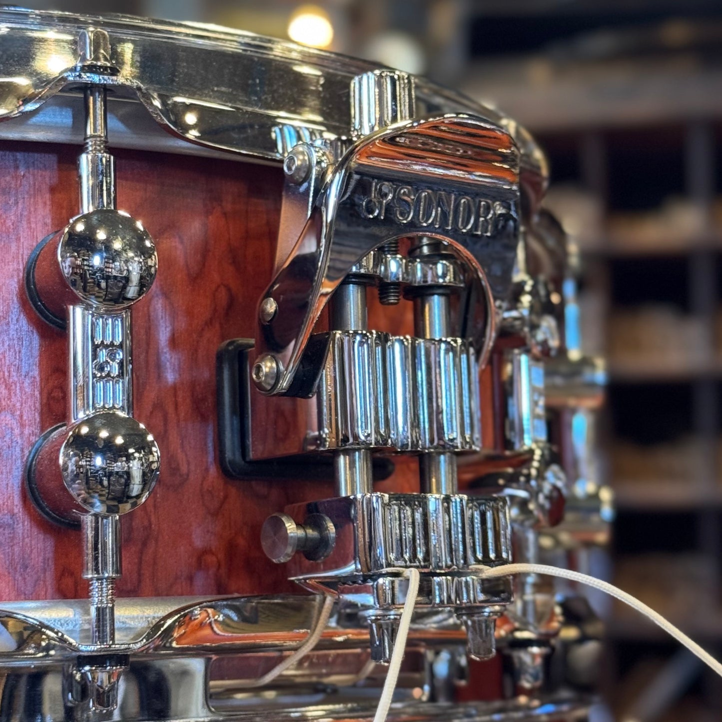 USED Sonor Sunset Beech Limited Edition Drum Set in Transparent Red Birdseye Maple Veneer - 14x18, 8x12, 14x14