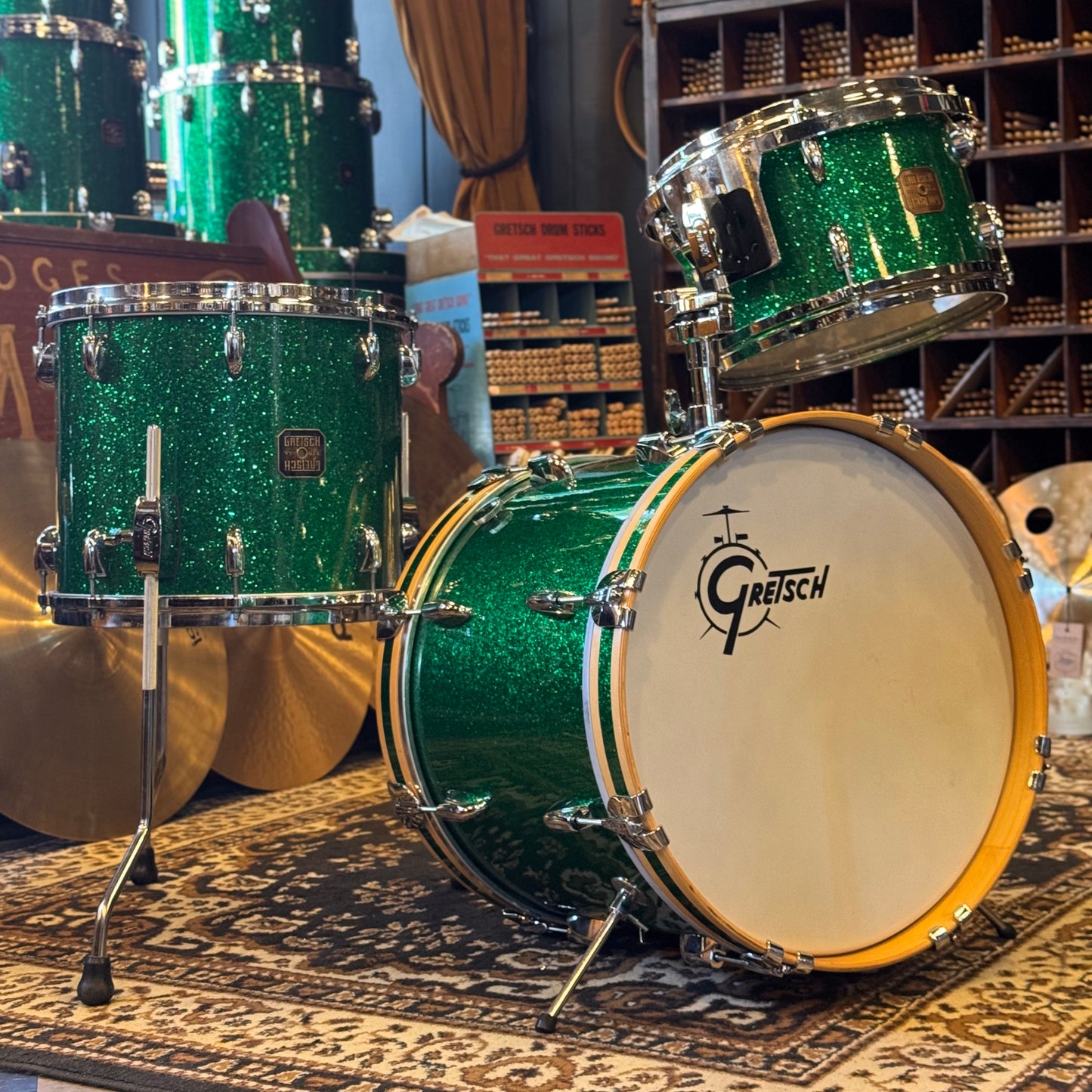USED 1990's Gretsch USA Custom Square Badge Drum Set in Green Sparkle -14x18, 8x12, 12x14