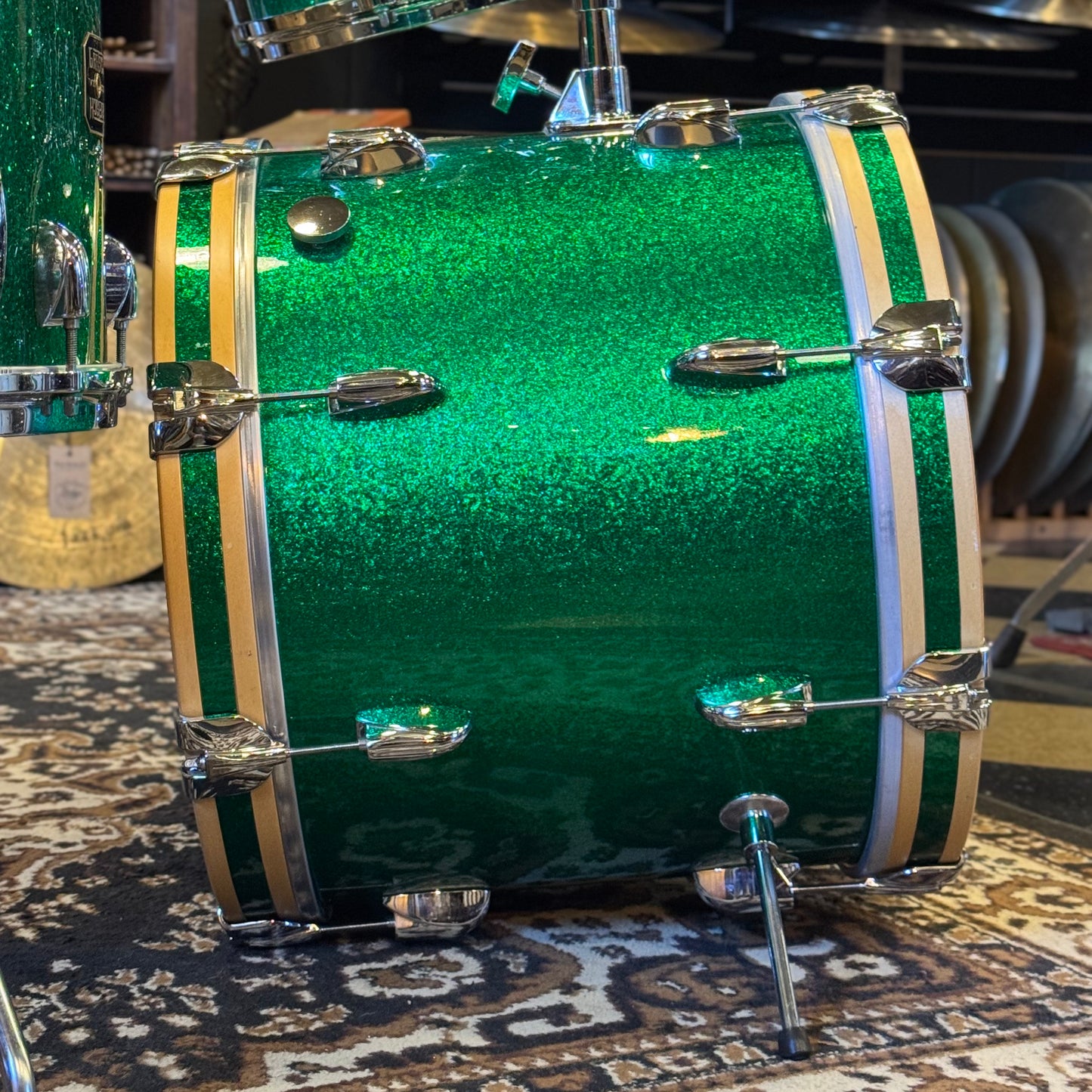 USED 1990's Gretsch USA Custom Square Badge Drum Set in Green Sparkle -14x18, 8x12, 12x14