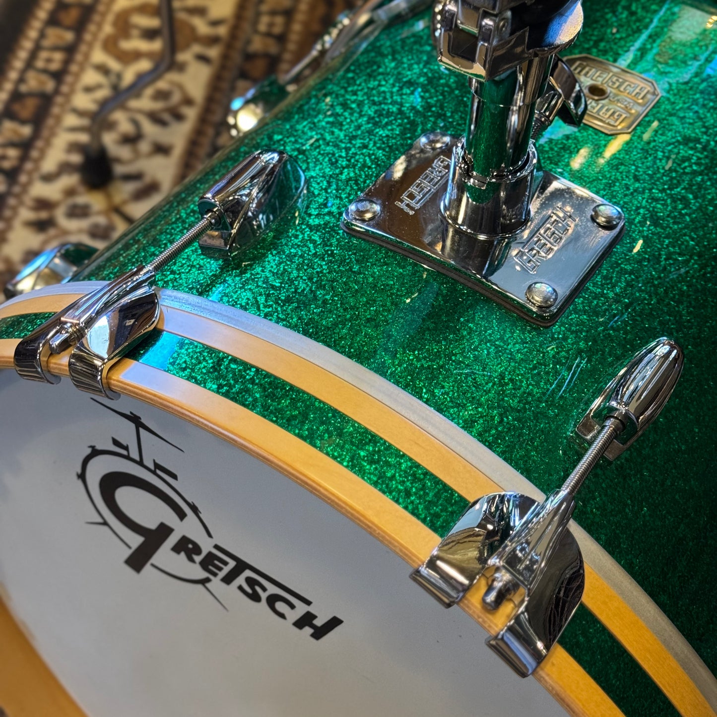 USED 1990's Gretsch USA Custom Square Badge Drum Set in Green Sparkle -14x18, 8x12, 12x14