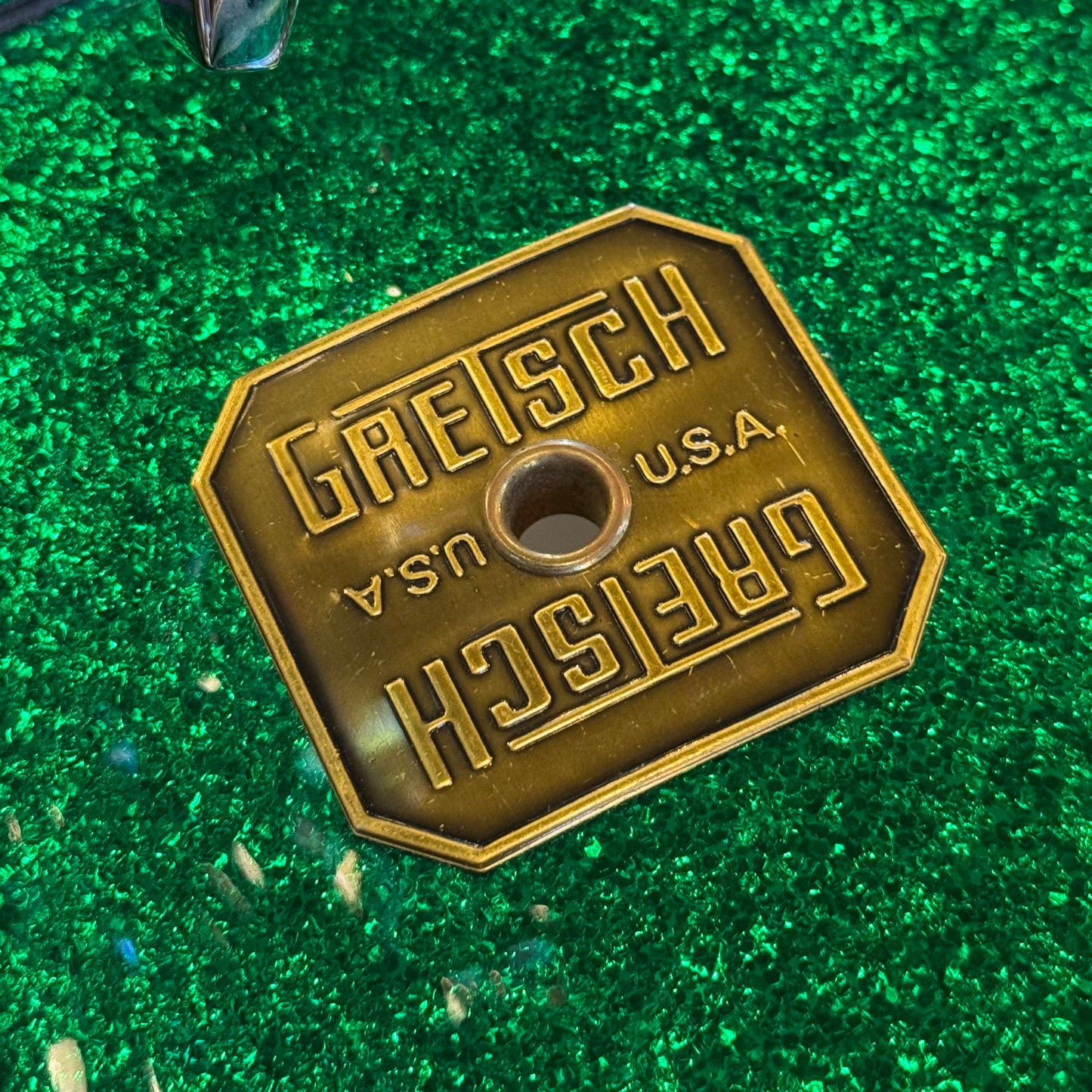 USED 1990's Gretsch USA Custom Square Badge Drum Set in Green Sparkle -14x18, 8x12, 12x14