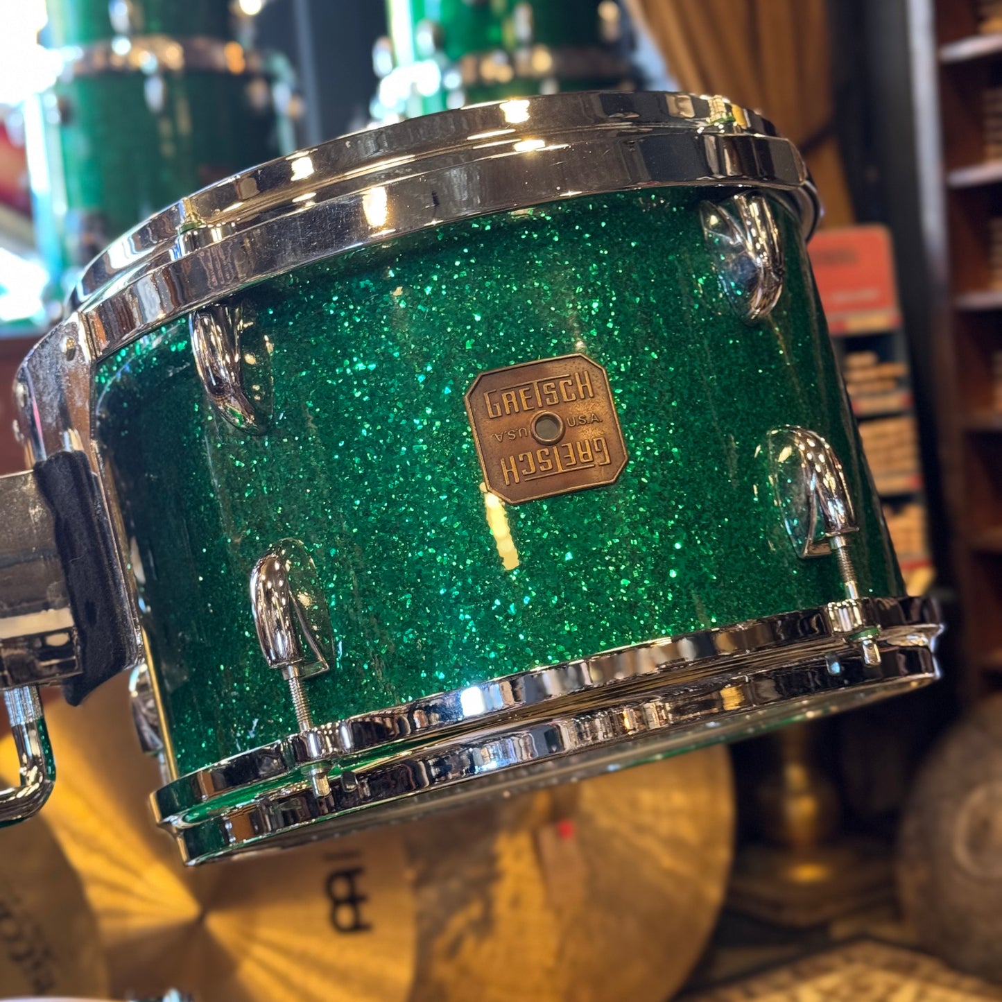 USED 1990's Gretsch USA Custom Square Badge Drum Set in Green Sparkle -14x18, 8x12, 12x14