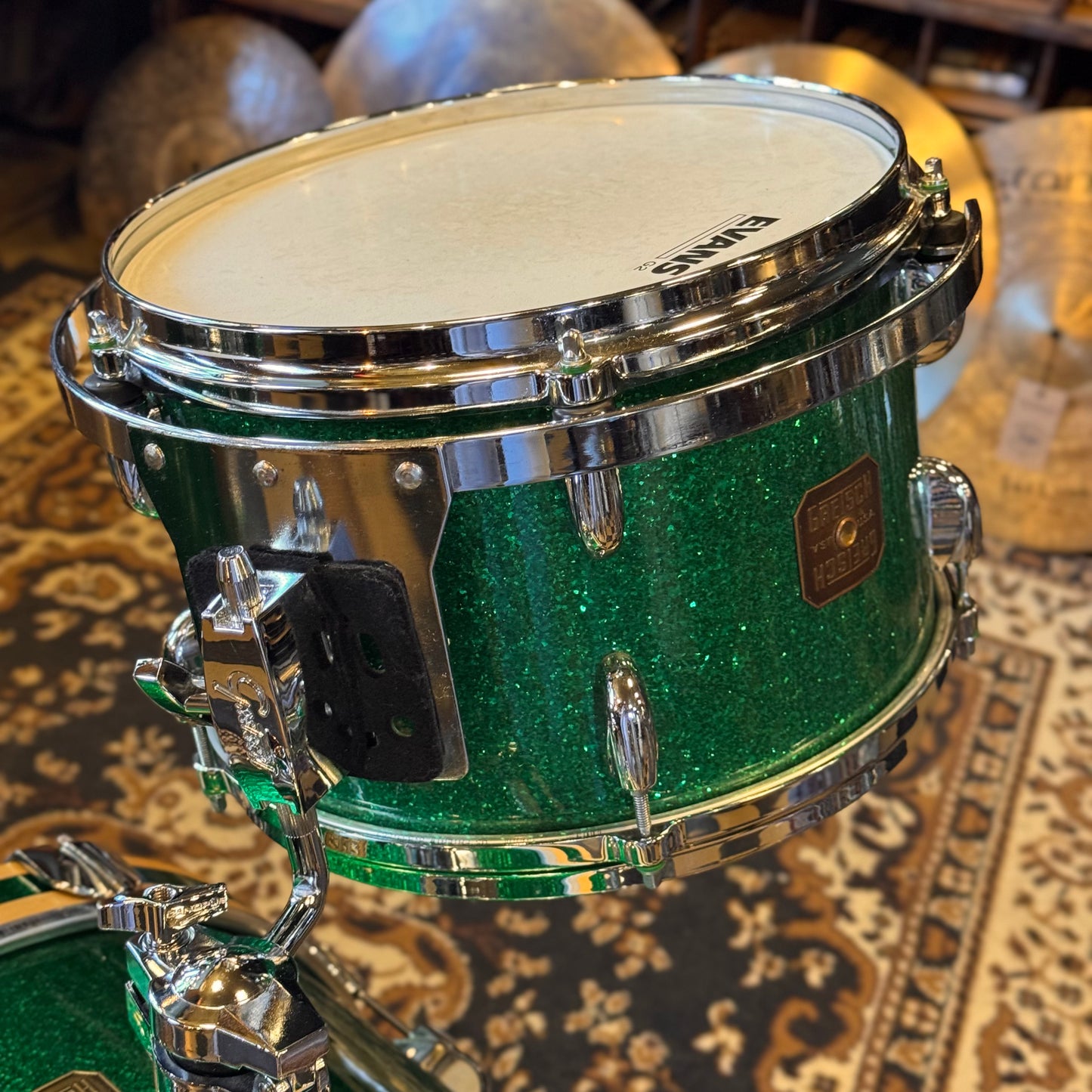 USED 1990's Gretsch USA Custom Square Badge Drum Set in Green Sparkle -14x18, 8x12, 12x14