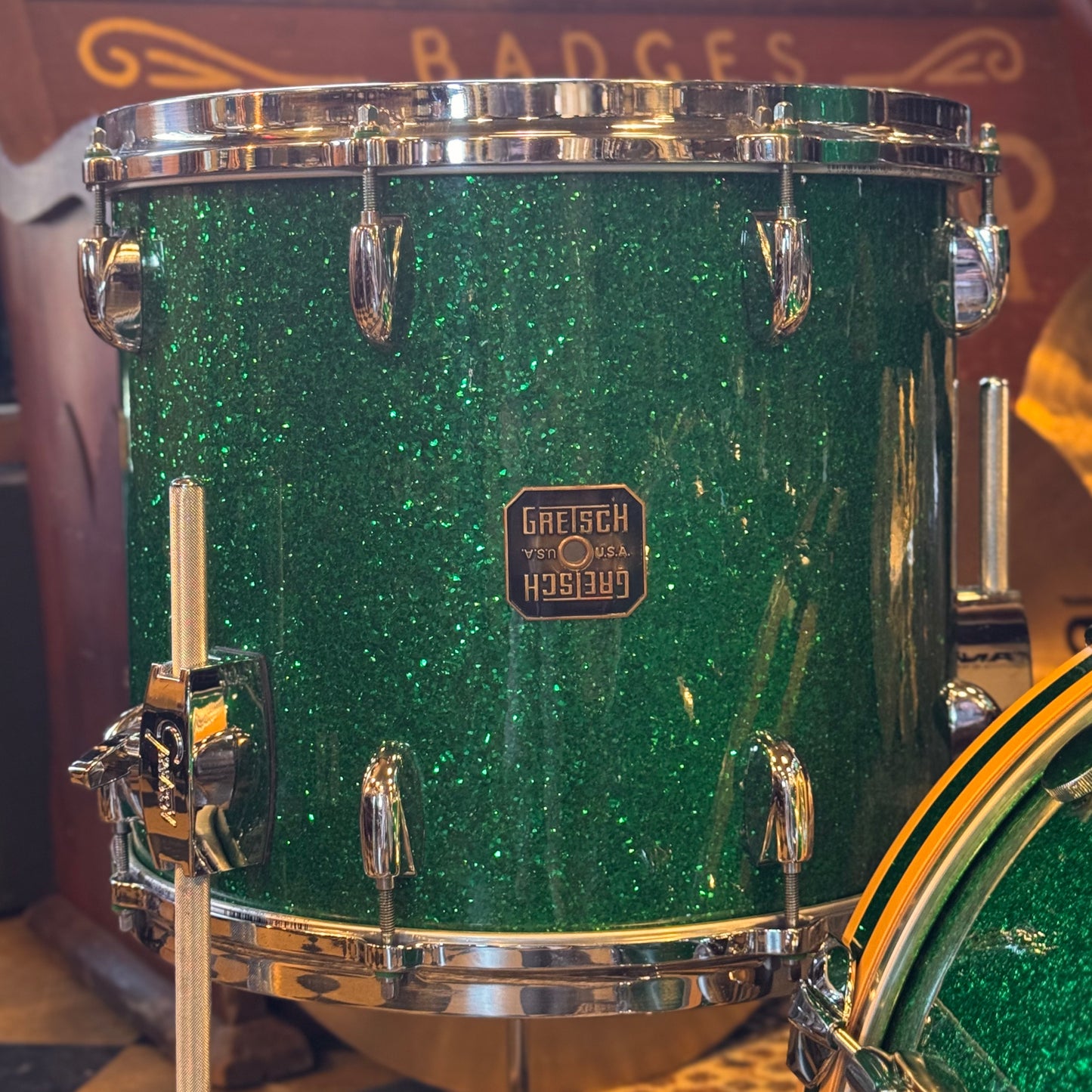 USED 1990's Gretsch USA Custom Square Badge Drum Set in Green Sparkle -14x18, 8x12, 12x14