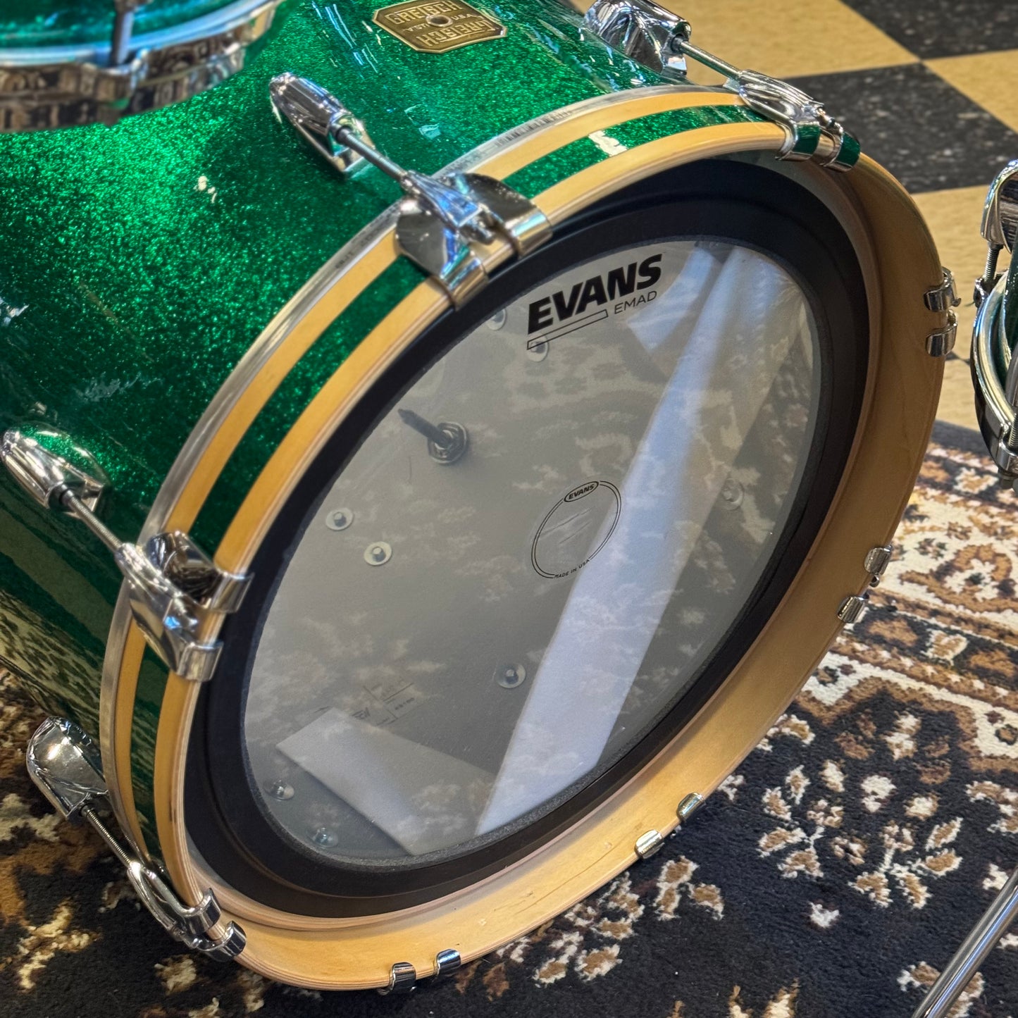 USED 1990's Gretsch USA Custom Square Badge Drum Set in Green Sparkle -14x18, 8x12, 12x14