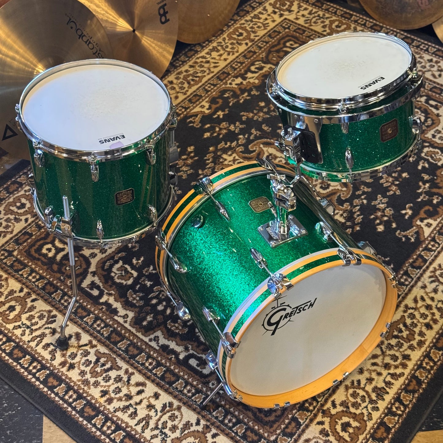 USED 1990's Gretsch USA Custom Square Badge Drum Set in Green Sparkle -14x18, 8x12, 12x14
