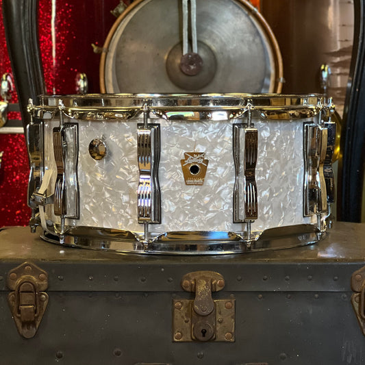 USED 1990's Ludwig 6.5x14 Monroe Badge Classic Snare Drum in White Marine Pearl