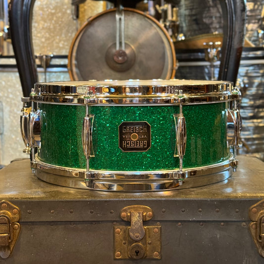 USED 1990's Gretsch 5x14 Square Badge USA Custom Snare Drum Rewrapped in Green Sparkle