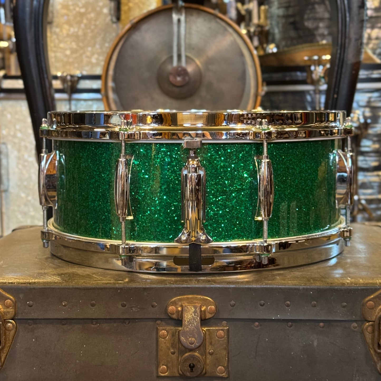 USED 1990's Gretsch 5x14 Square Badge USA Custom Snare Drum Rewrapped in Green Sparkle