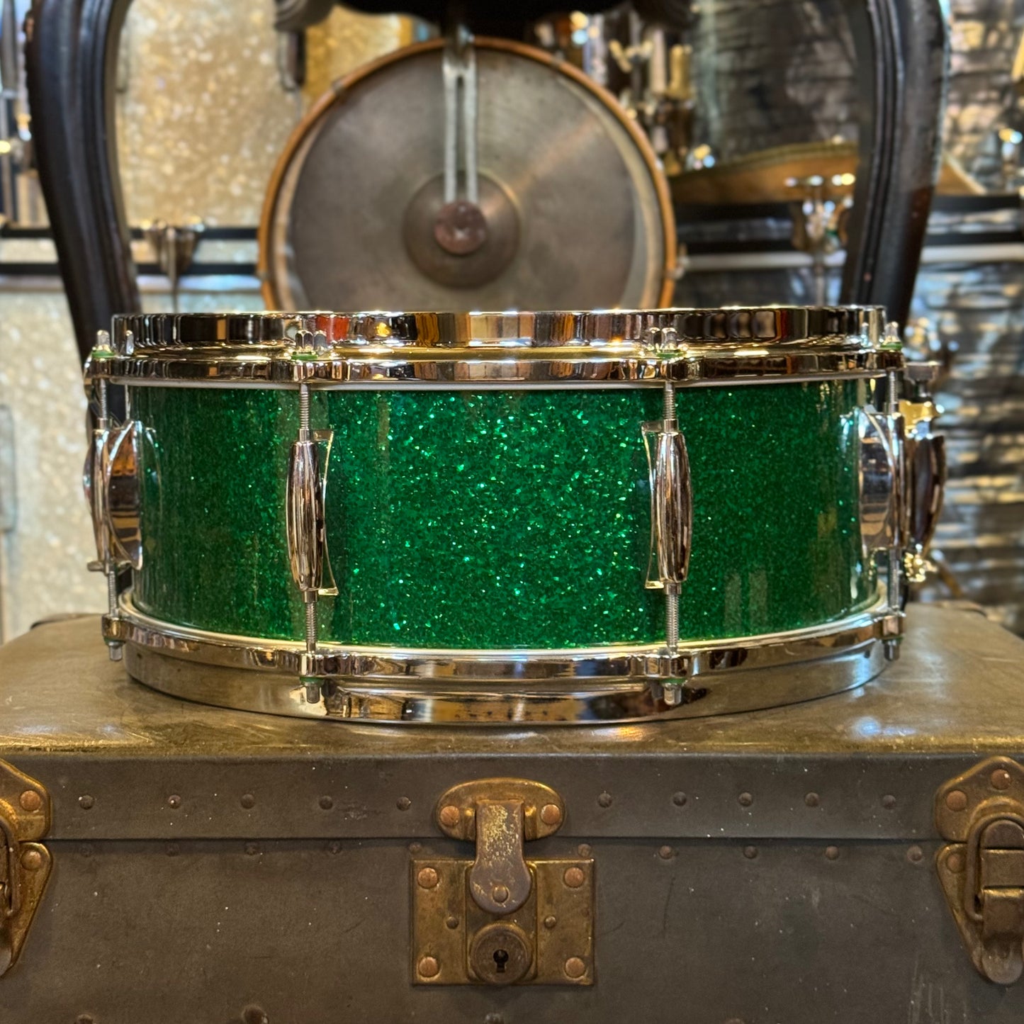 USED 1990's Gretsch 5x14 Square Badge USA Custom Snare Drum Rewrapped in Green Sparkle