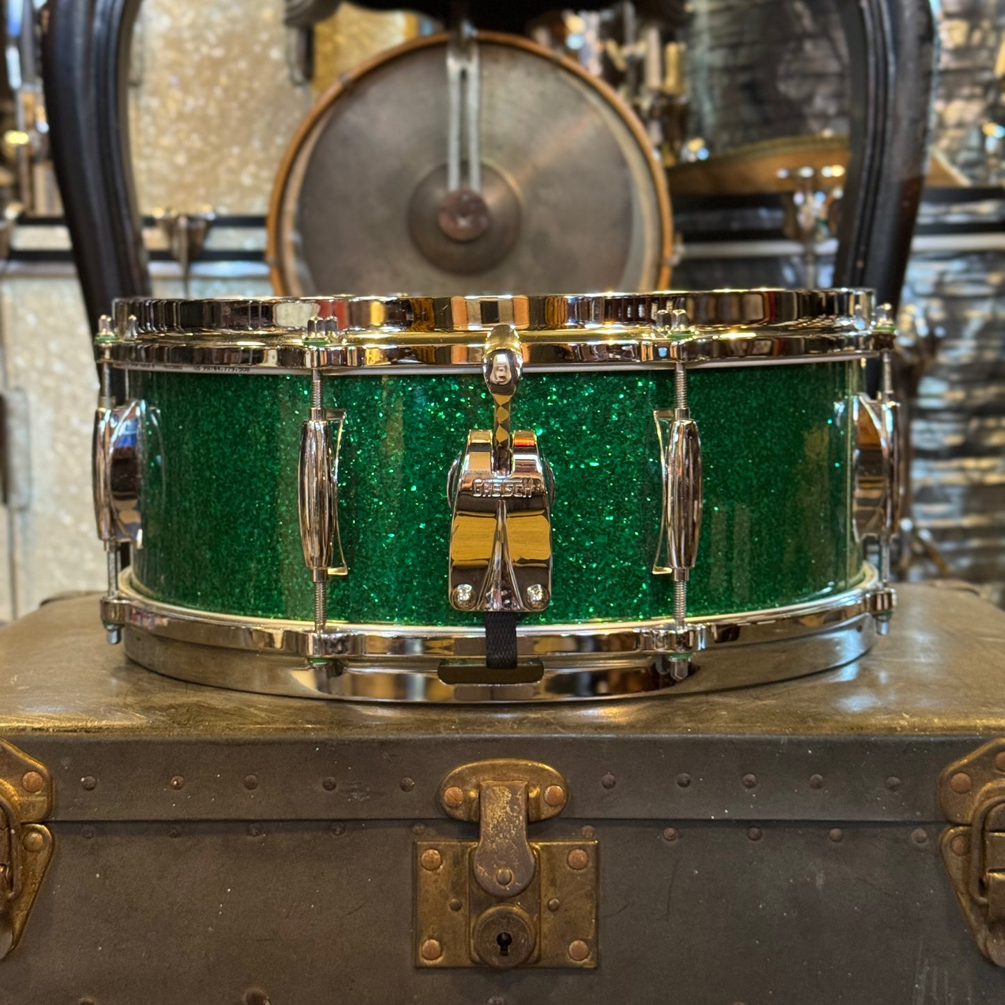 USED 1990's Gretsch 5x14 Square Badge USA Custom Snare Drum Rewrapped in Green Sparkle