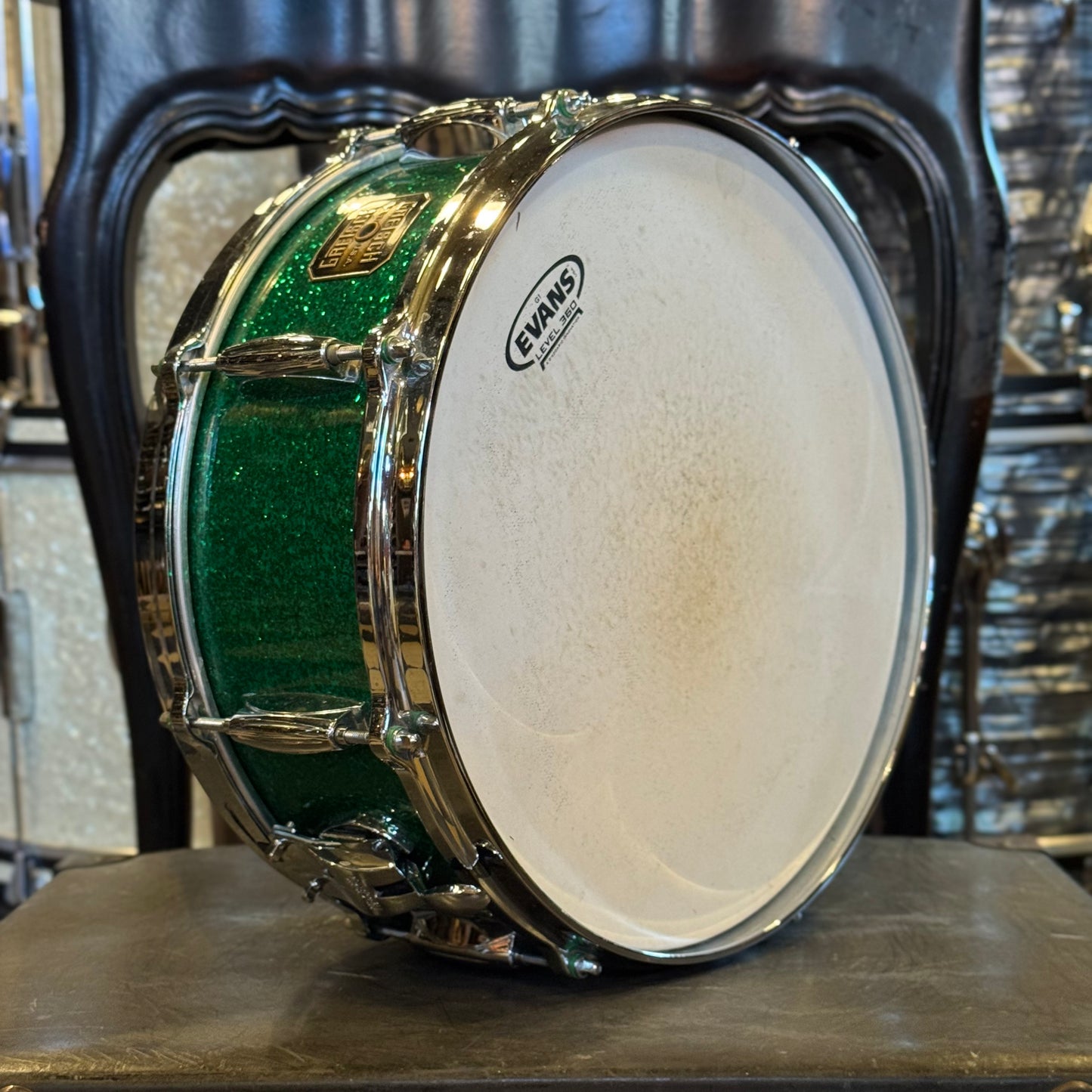 USED 1990's Gretsch 5x14 Square Badge USA Custom Snare Drum Rewrapped in Green Sparkle