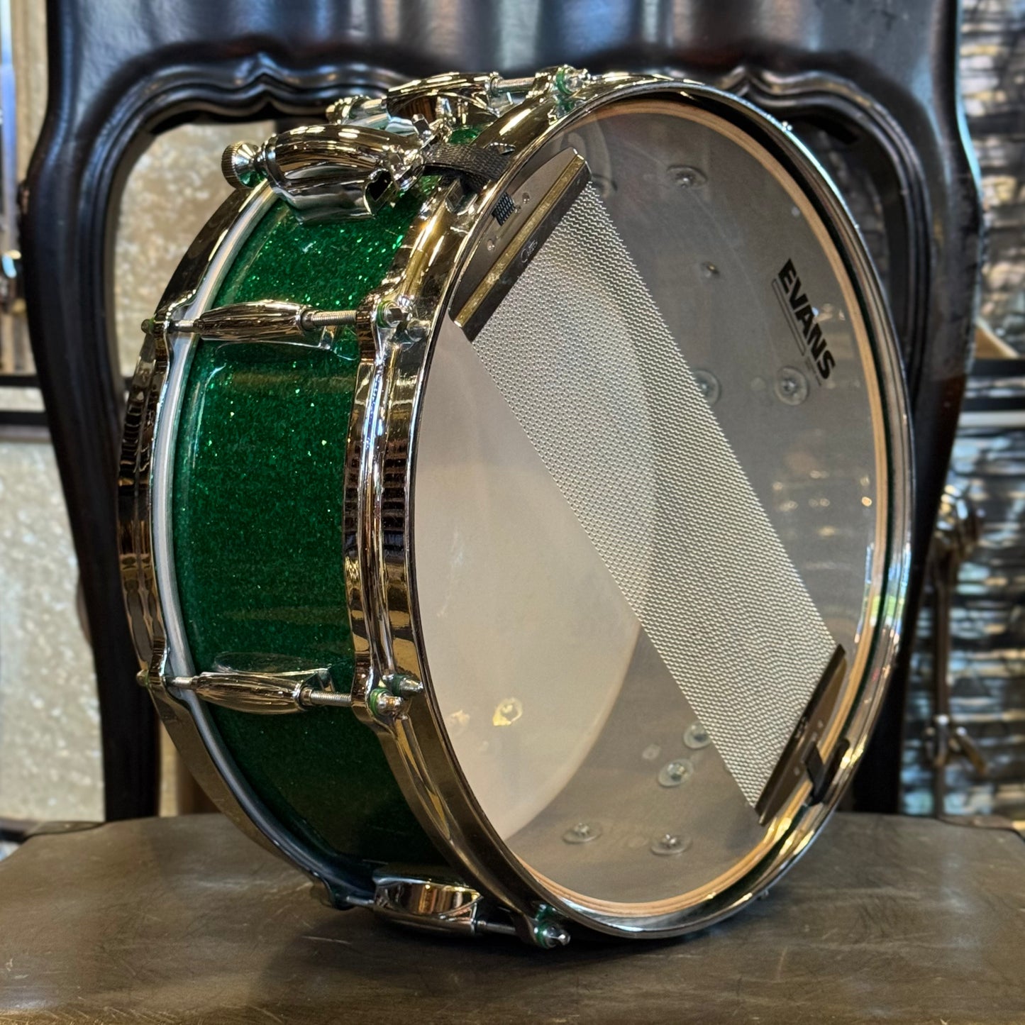 USED 1990's Gretsch 5x14 Square Badge USA Custom Snare Drum Rewrapped in Green Sparkle