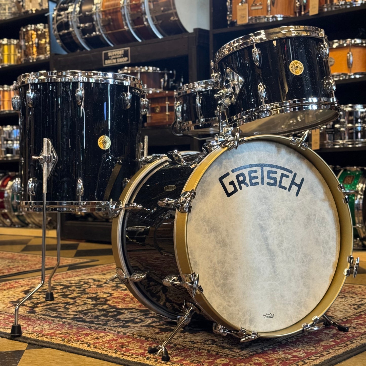 USED Gretsch Broadkaster in Anniversary Sparkle Custom Ordered w/ Die Cast Hoops, Vintage Build, and Satin Gold Bass Drum Hoops - 14x18, 8x12, 14x14, 5x14