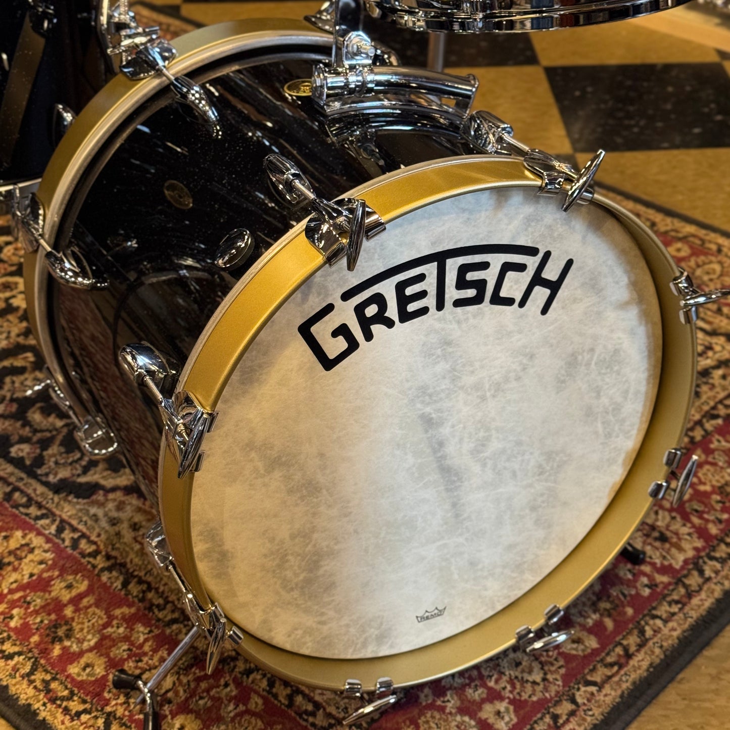 USED Gretsch Broadkaster in Anniversary Sparkle Custom Ordered w/ Die Cast Hoops, Vintage Build, and Satin Gold Bass Drum Hoops - 14x18, 8x12, 14x14, 5x14