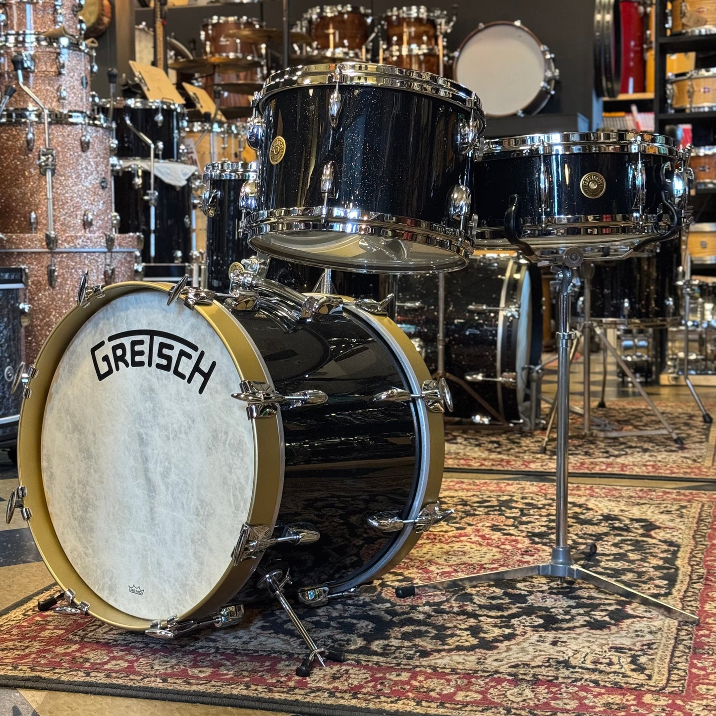 USED Gretsch Broadkaster in Anniversary Sparkle Custom Ordered w/ Die Cast Hoops, Vintage Build, and Satin Gold Bass Drum Hoops - 14x18, 8x12, 14x14, 5x14
