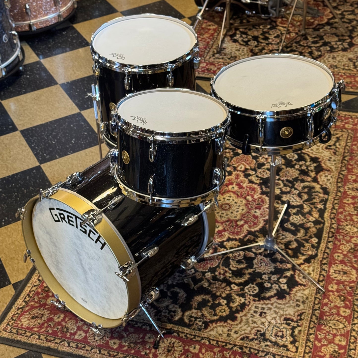 USED Gretsch Broadkaster in Anniversary Sparkle Custom Ordered w/ Die Cast Hoops, Vintage Build, and Satin Gold Bass Drum Hoops - 14x18, 8x12, 14x14, 5x14