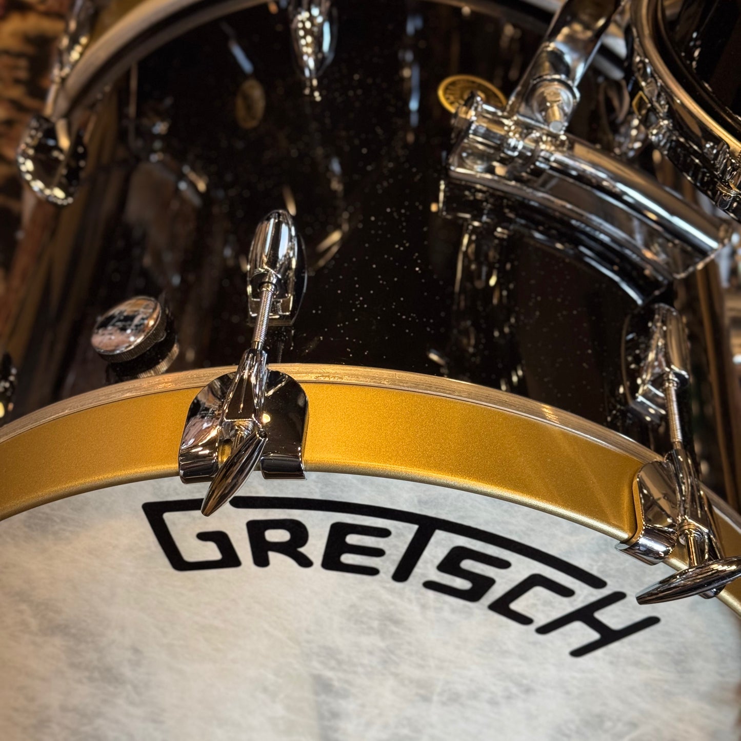 USED Gretsch Broadkaster in Anniversary Sparkle Custom Ordered w/ Die Cast Hoops, Vintage Build, and Satin Gold Bass Drum Hoops - 14x18, 8x12, 14x14, 5x14
