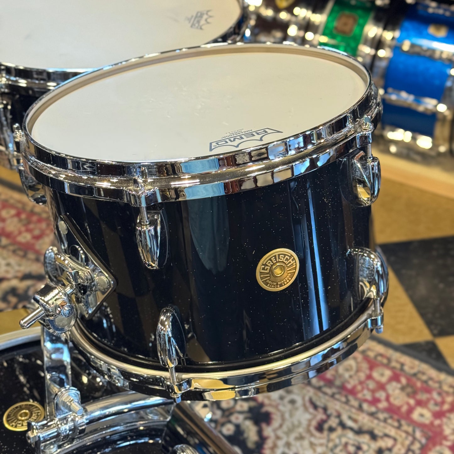 USED Gretsch Broadkaster in Anniversary Sparkle Custom Ordered w/ Die Cast Hoops, Vintage Build, and Satin Gold Bass Drum Hoops - 14x18, 8x12, 14x14, 5x14