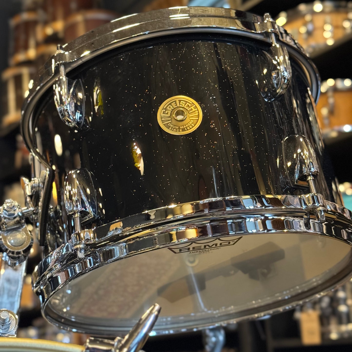 USED Gretsch Broadkaster in Anniversary Sparkle Custom Ordered w/ Die Cast Hoops, Vintage Build, and Satin Gold Bass Drum Hoops - 14x18, 8x12, 14x14, 5x14