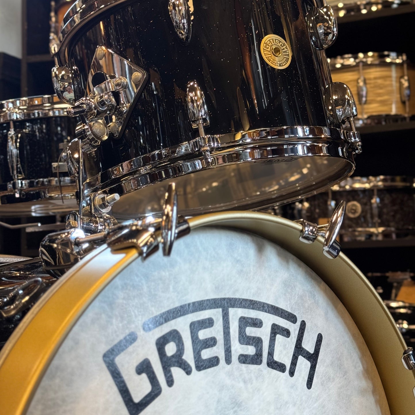 USED Gretsch Broadkaster in Anniversary Sparkle Custom Ordered w/ Die Cast Hoops, Vintage Build, and Satin Gold Bass Drum Hoops - 14x18, 8x12, 14x14, 5x14