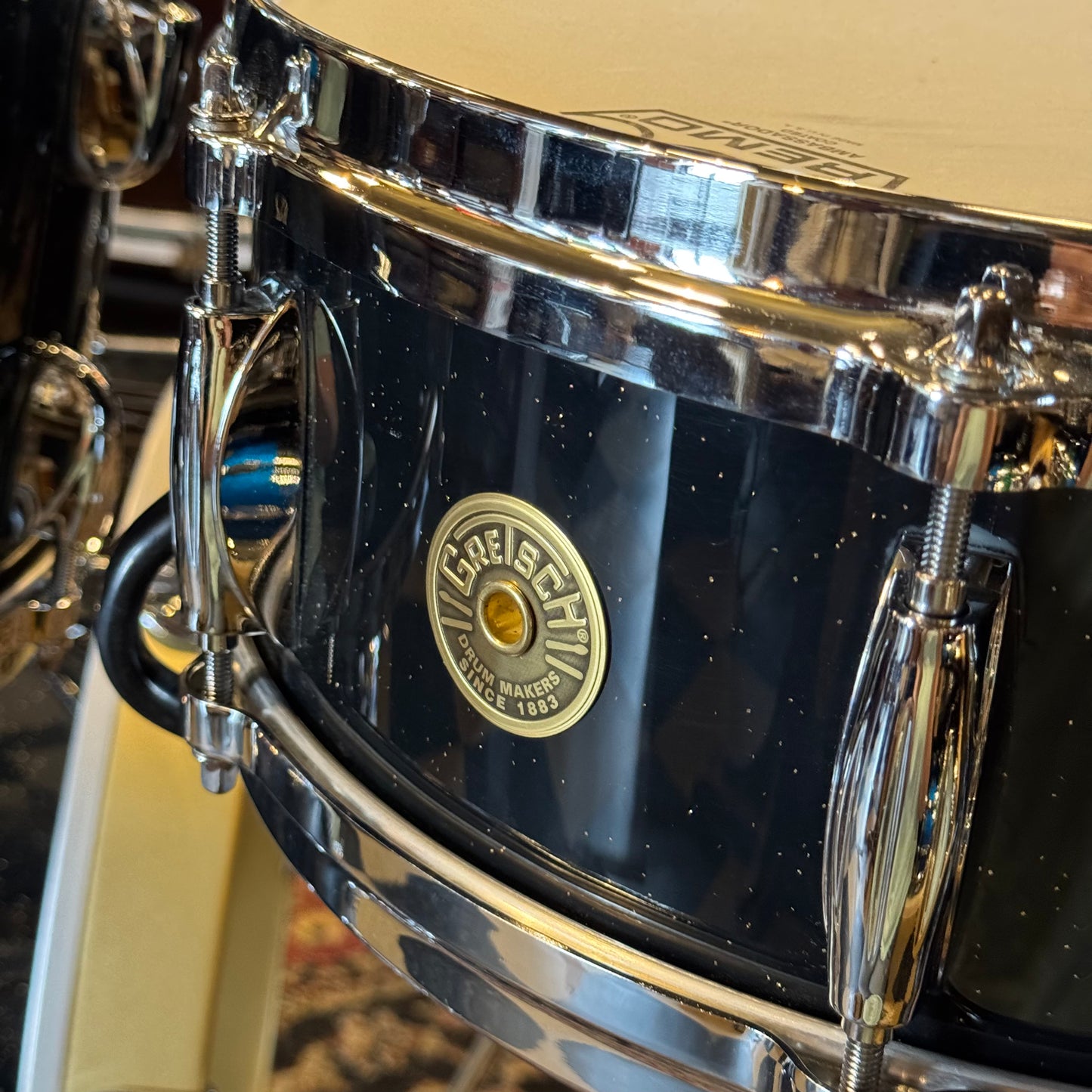 USED Gretsch Broadkaster in Anniversary Sparkle Custom Ordered w/ Die Cast Hoops, Vintage Build, and Satin Gold Bass Drum Hoops - 14x18, 8x12, 14x14, 5x14