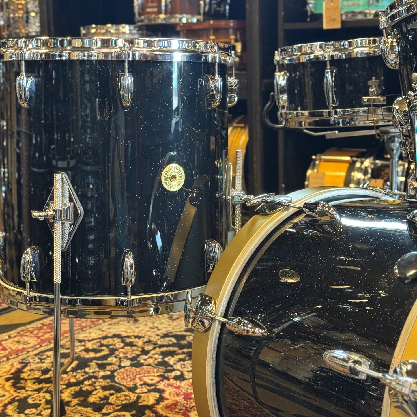 USED Gretsch Broadkaster in Anniversary Sparkle Custom Ordered w/ Die Cast Hoops, Vintage Build, and Satin Gold Bass Drum Hoops - 14x18, 8x12, 14x14, 5x14