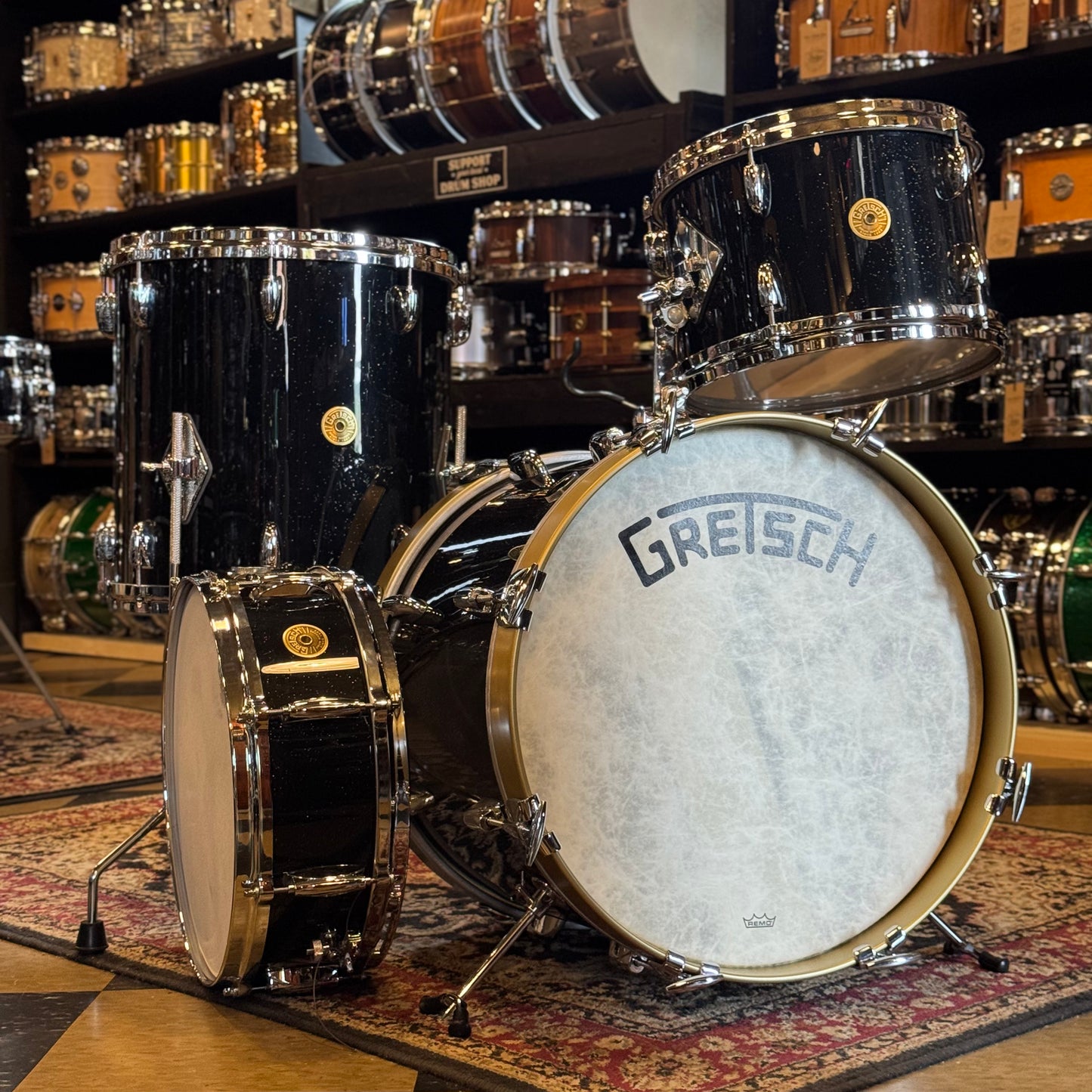 USED Gretsch Broadkaster in Anniversary Sparkle Custom Ordered w/ Die Cast Hoops, Vintage Build, and Satin Gold Bass Drum Hoops - 14x18, 8x12, 14x14, 5x14