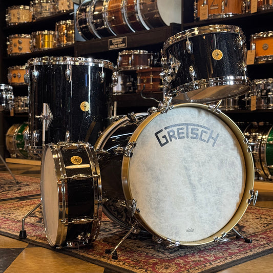 USED Gretsch Broadkaster in Anniversary Sparkle Custom Ordered w/ Die Cast Hoops, Vintage Build, and Satin Gold Bass Drum Hoops - 14x18, 8x12, 14x14, 5x14