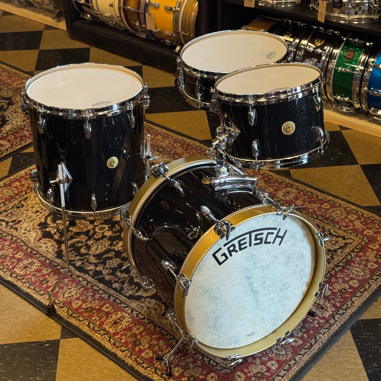 USED Gretsch Broadkaster in Anniversary Sparkle Custom Ordered w/ Die Cast Hoops, Vintage Build, and Satin Gold Bass Drum Hoops - 14x18, 8x12, 14x14, 5x14