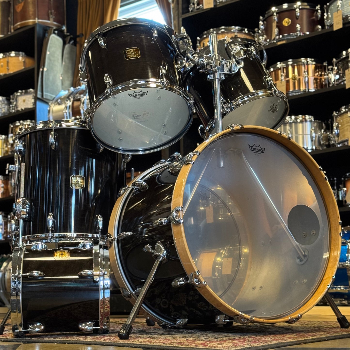 VINTAGE 1980's Gretsch Square Badge Factory Original Drum Set in Gloss Ebony - 16x22, 10x10, 10x12, 11x13, 16x16