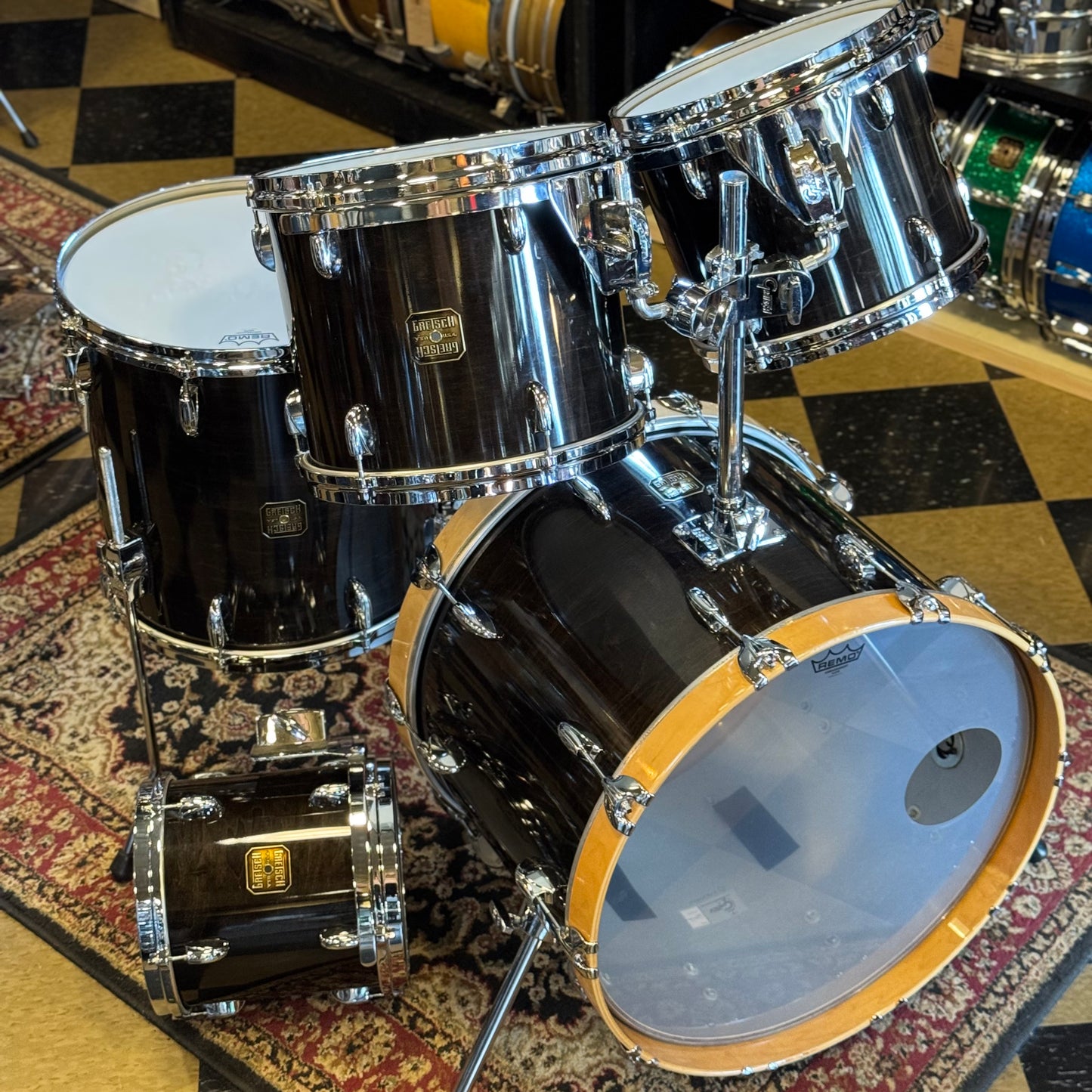 VINTAGE 1980's Gretsch Square Badge Factory Original Drum Set in Gloss Ebony - 16x22, 10x10, 10x12, 11x13, 16x16