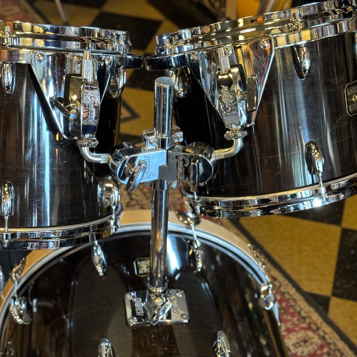 VINTAGE 1980's Gretsch Square Badge Factory Original Drum Set in Gloss Ebony - 16x22, 10x10, 10x12, 11x13, 16x16