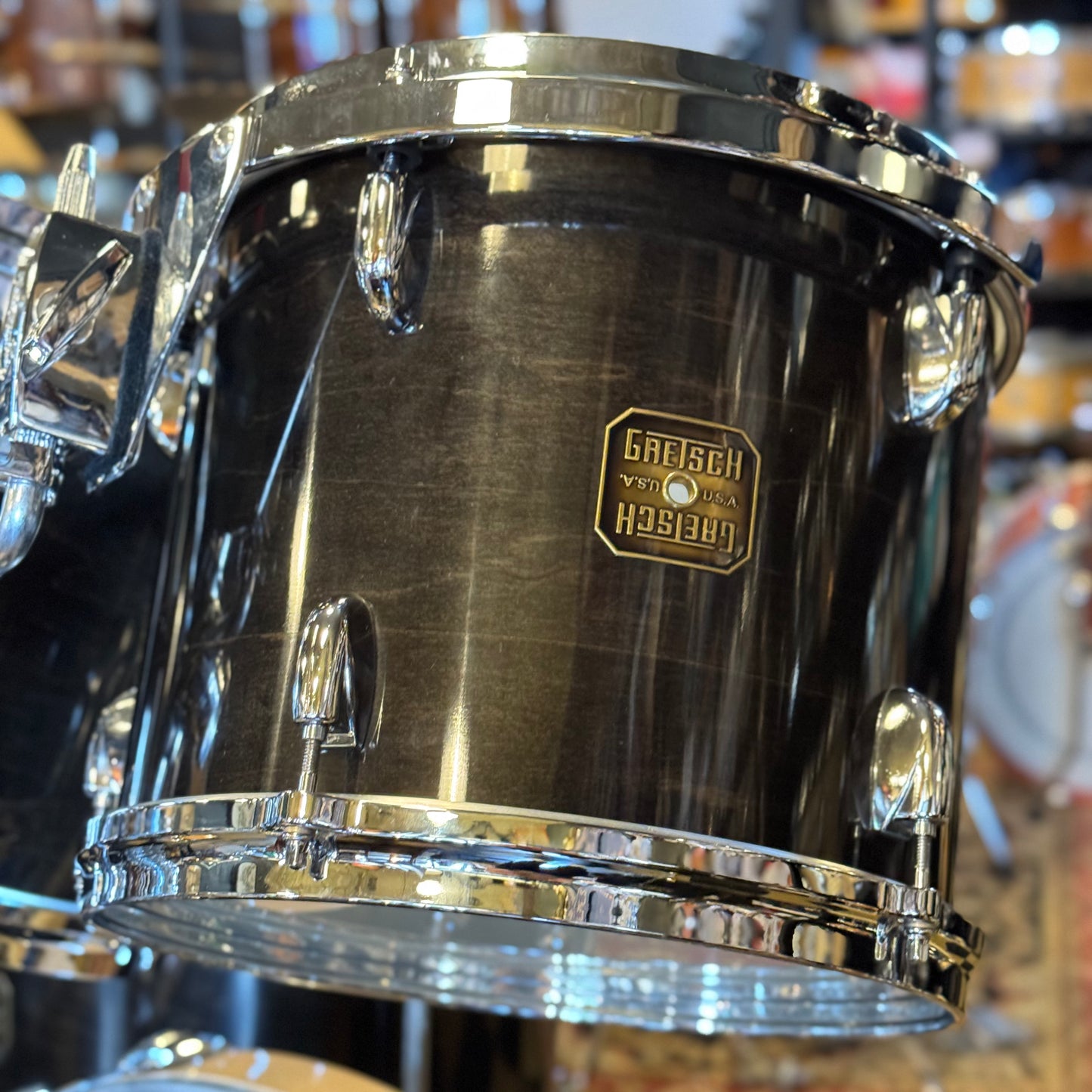 VINTAGE 1980's Gretsch Square Badge Factory Original Drum Set in Gloss Ebony - 16x22, 10x10, 10x12, 11x13, 16x16